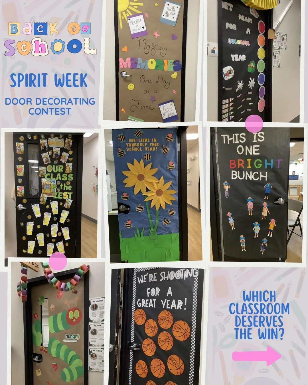The doors are ready for their back-to-school glow-up! 📚✏️ 🎉 Our staff went all out for the back to school door decorating contest, and we need YOU to help pick a winner! Take a look at the creative classroom doors and make sure to cast your vote in