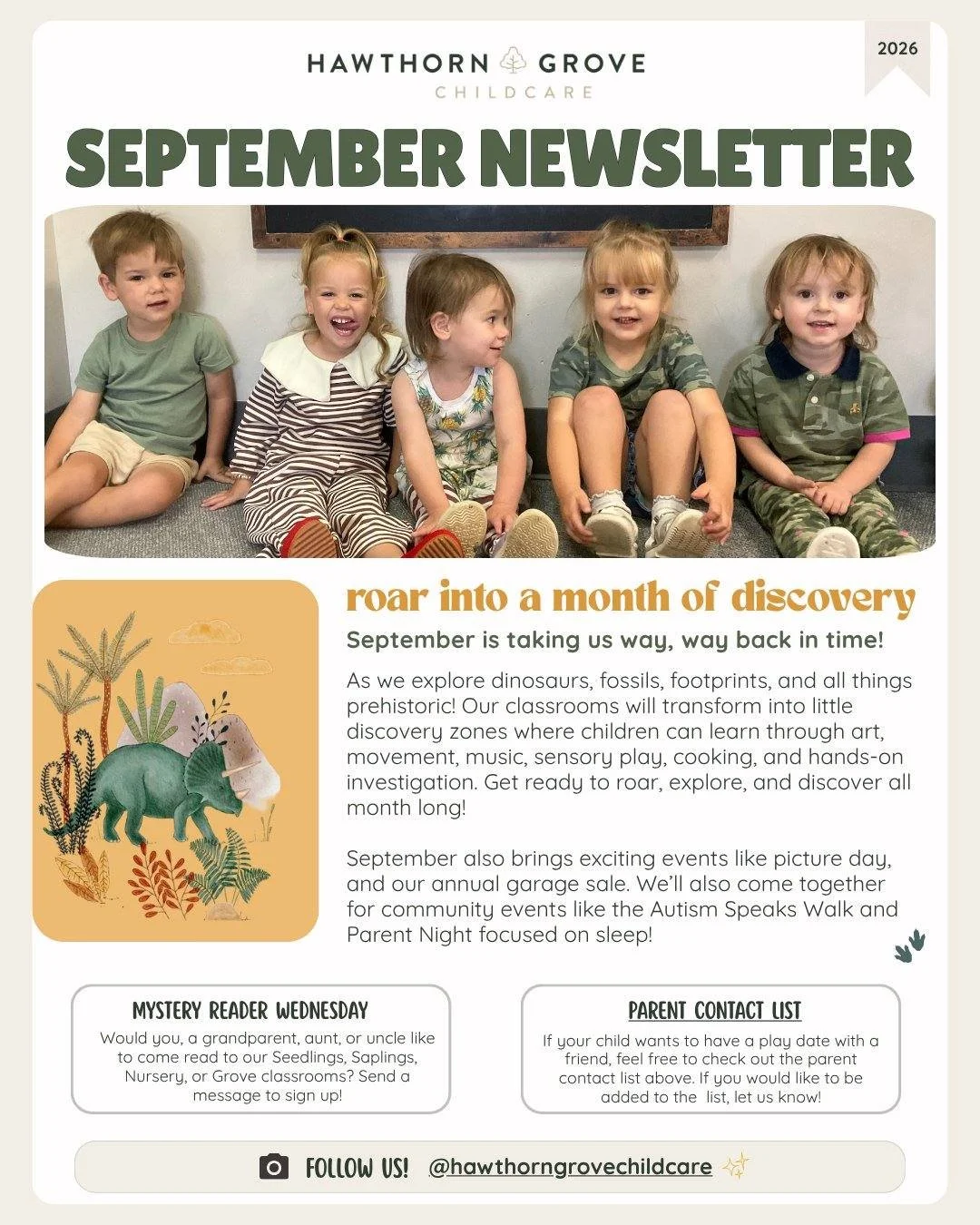 🦕 Roar into September! Check out our monthly newsletter for what&rsquo;s happening around Hawthorn, important reminders, upcoming events, and more. 🦖🌿✨

#HawthornGroveChildcare
