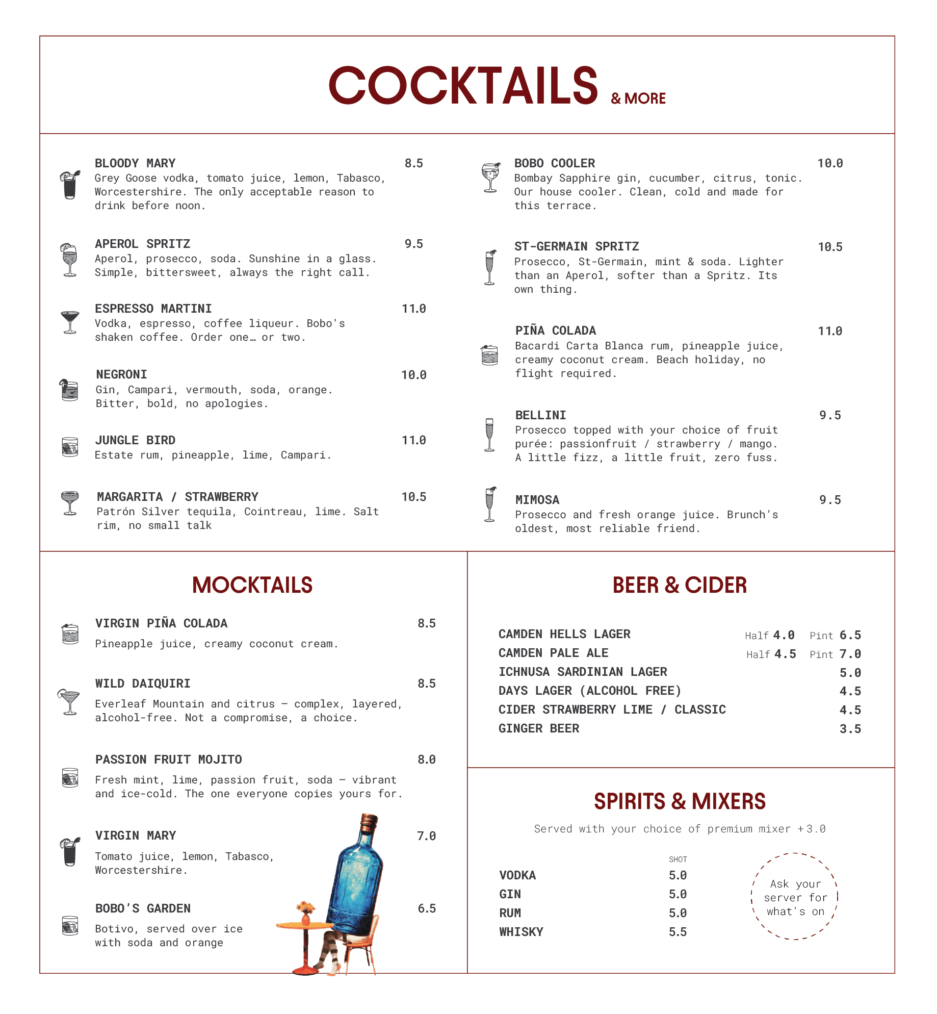 Part of a cocktail menu featuring list of drinks with names, descriptions, and prices, along with small icons of glasses next to each drink description.