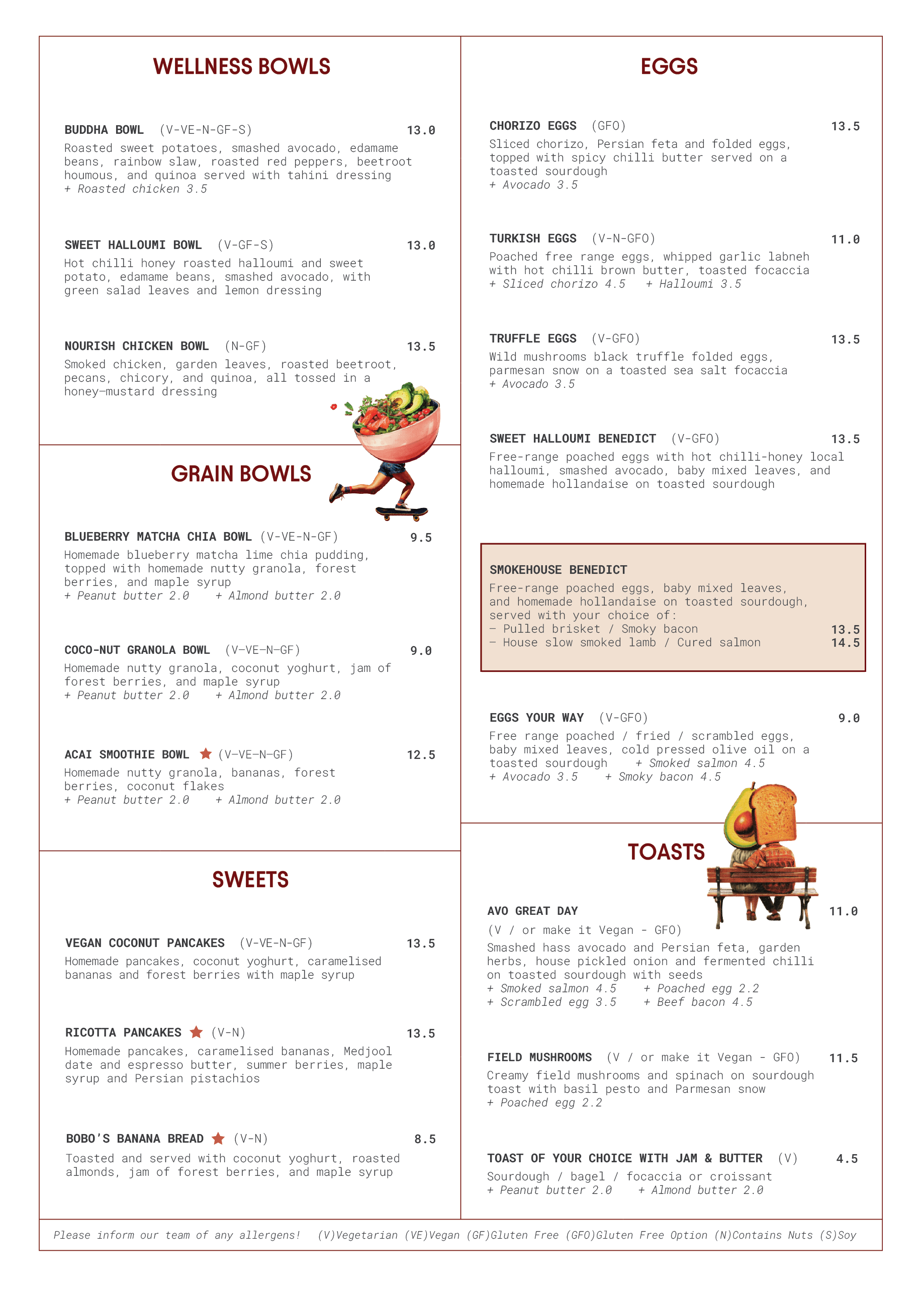 A menu featuring various healthy bowls, grain bowls, sweets, toasts, and egg dishes, with a small illustration of a person skateboarding holding a bowl of salad in the bottom center.