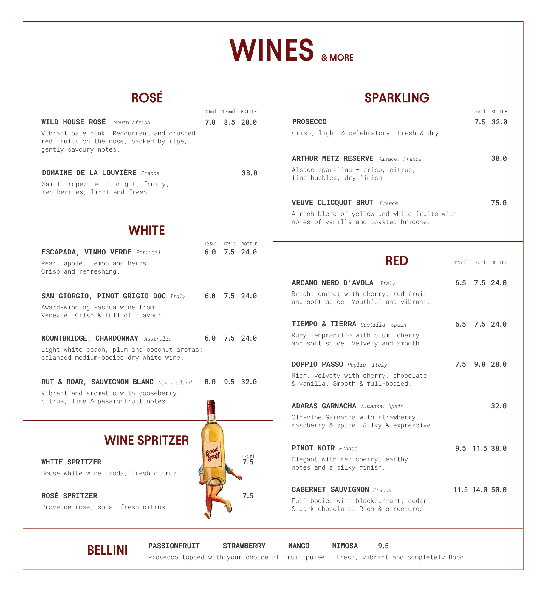 A section of a wine menu with categories for wines and prices, including rosé, white, sparkling, and red wines, featuring descriptions and bottle sizes.