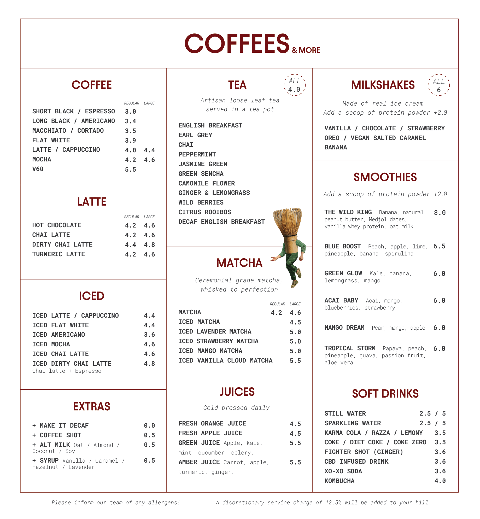 A menu on a white background offering various coffee, tea, milkshake, juice, soft drinks, and extras options with prices listed.