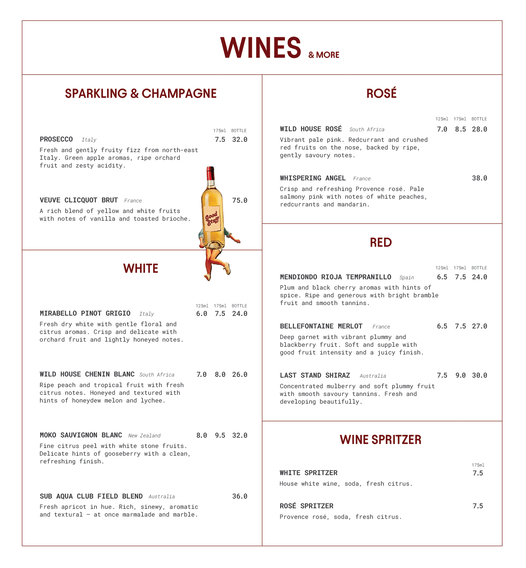 A section of a wine menu listing various wines and their descriptions, prices, and countries of origin, with one section titled 'WINES & MORE' and subcategories for different types of wines.