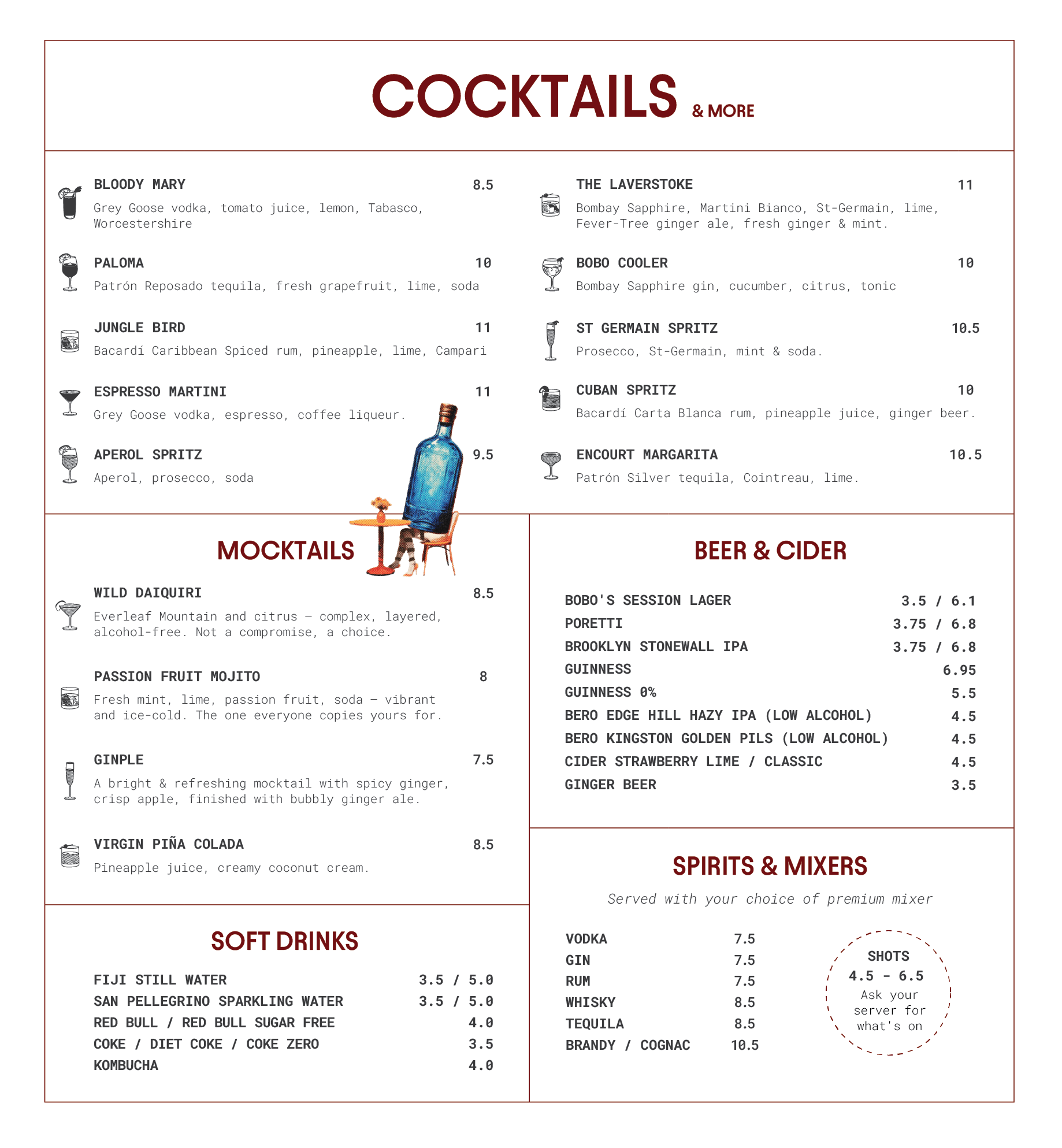 Restaurant menu section for cocktails, listing drinks such as Bloody Mary, Paloma, Jungle Bird, Espresso Martini, Aperol Spritz, The Laverstoke, Bobo Cooler, and others, with prices and ingredients.