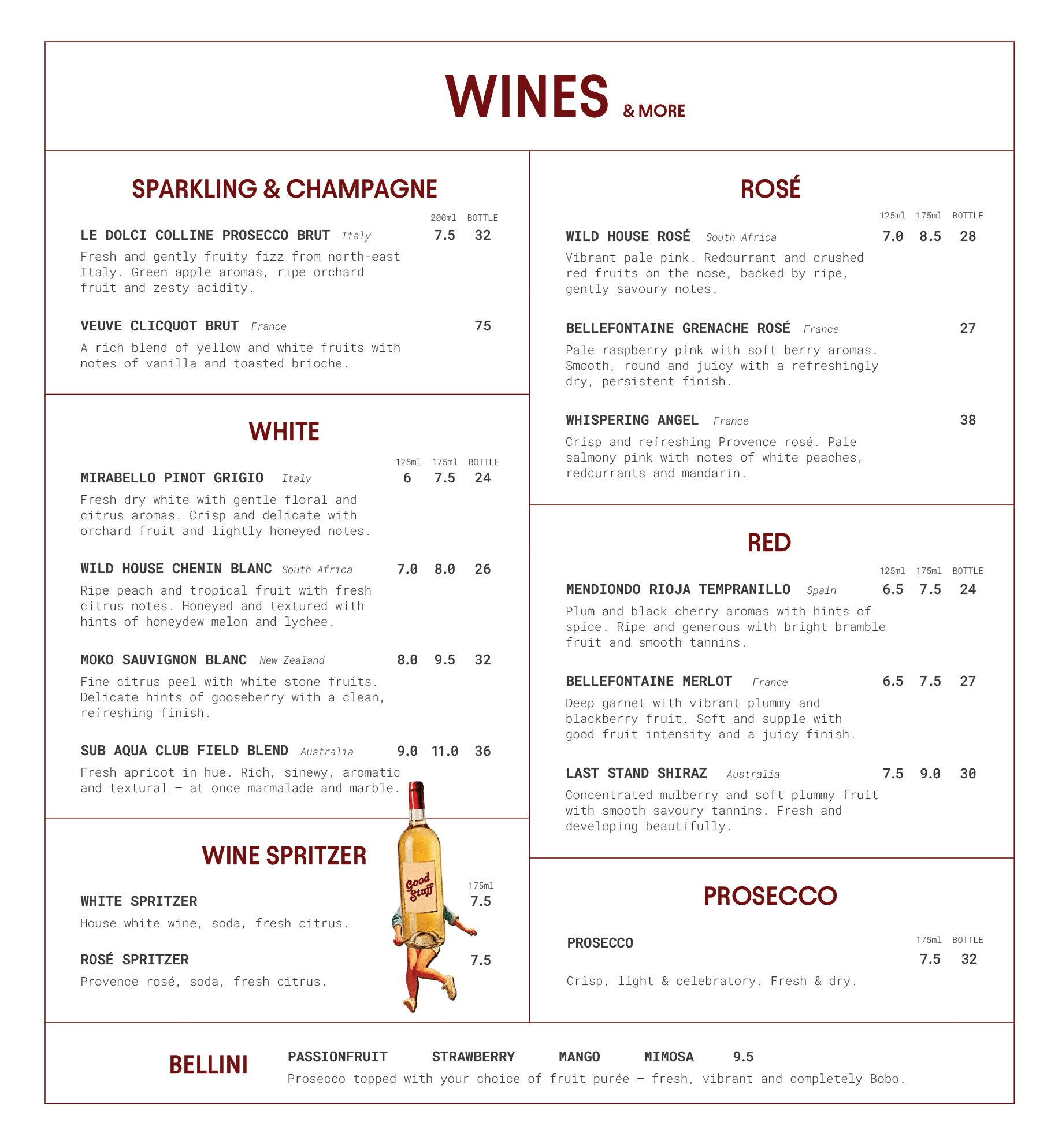 A menu showcasing various wines and champagne, including descriptions and prices, with decorative images of a wine bottle and a person in a vintage swimsuit holding a wine glass.