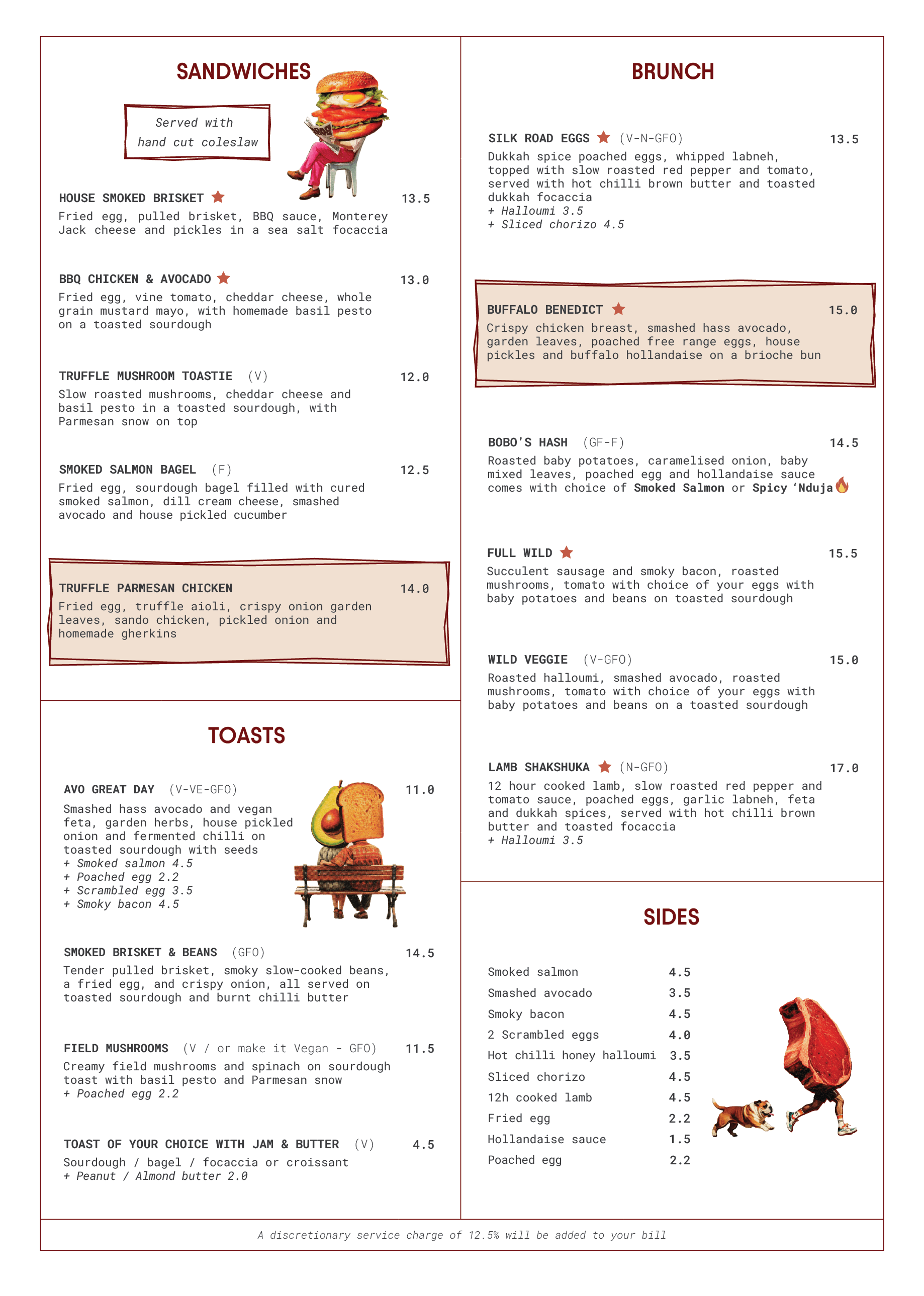 A menu featuring various breakfast and lunch options, including sandwiches, toasts, brunch dishes, and sides. The menu has illustrations of a person sitting on a bench and a person with a tiger head.