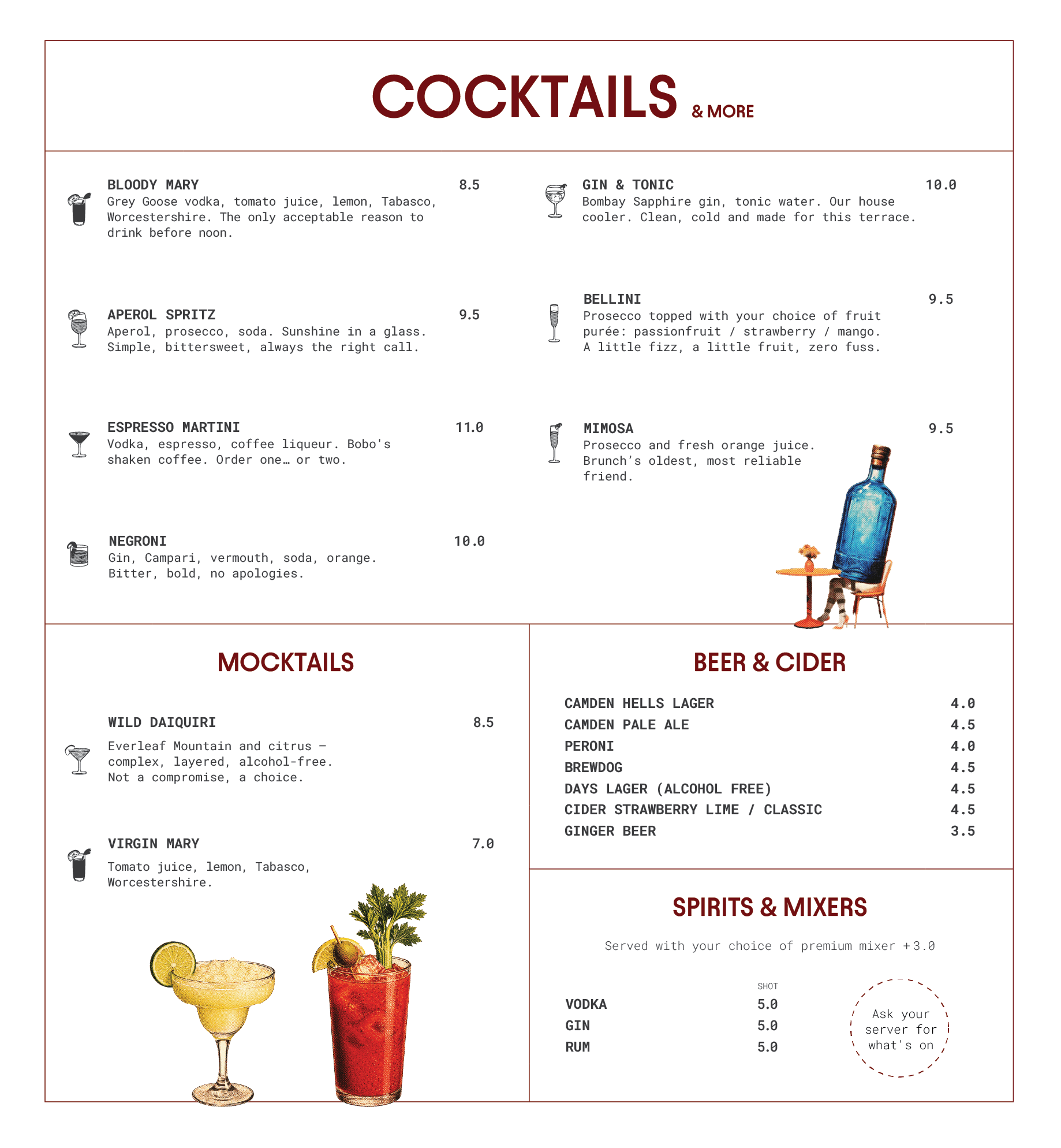 A menu showing various cocktail options, including Bloody Mary, Aperol Spritz, Espresso Martini, Virgin Mary, Gin & Tonic, Bellini, Negroni, Mimosa, along with some mocktails, beer, and cider options, and an illustration of cocktails with lemon and citrus slices.