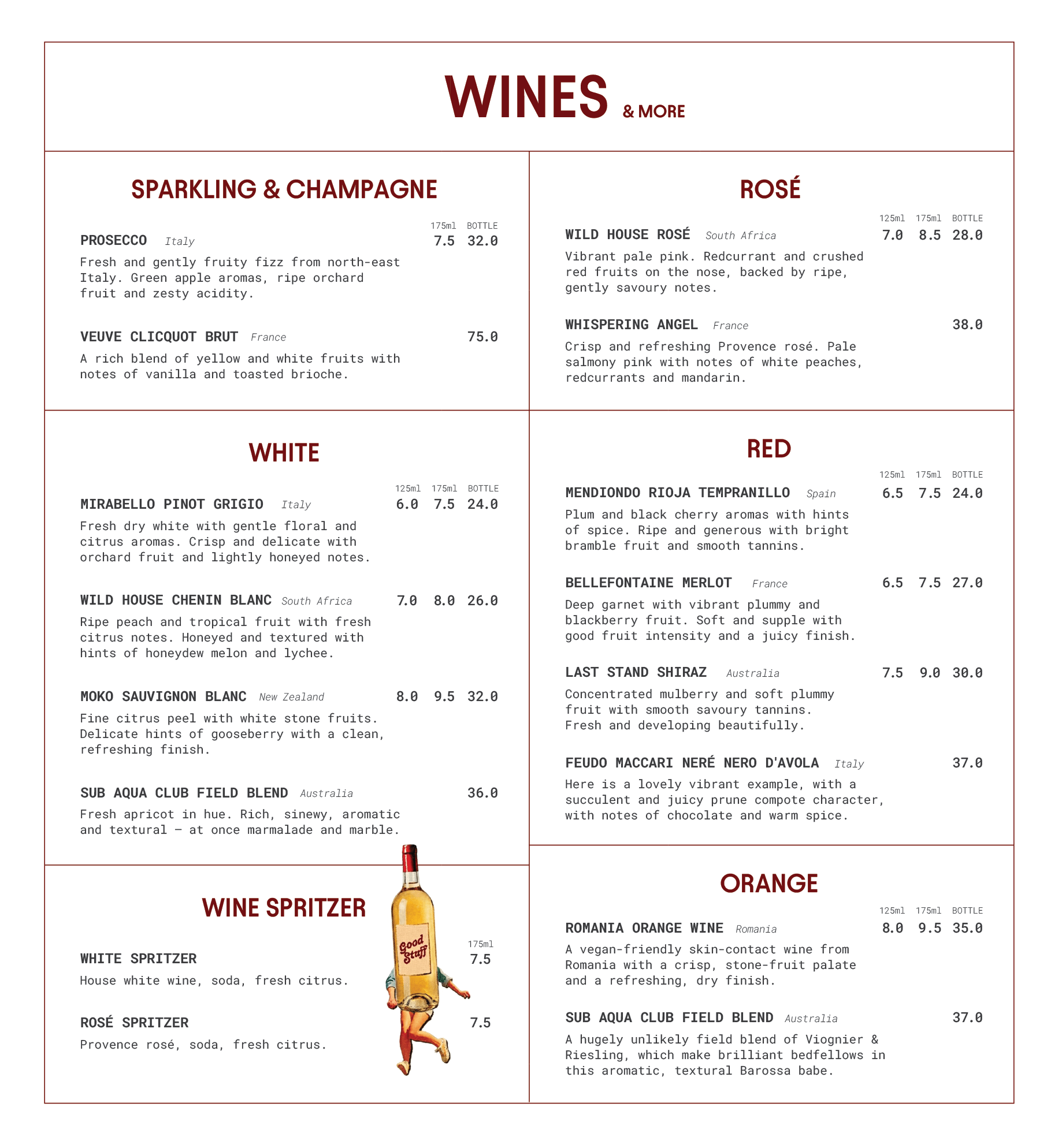 A wine menu featuring different categories of wines and their descriptions, including sparkling, white, rosé, red, wine spritzers, and orange wines, with prices listed in bottles and glasses.