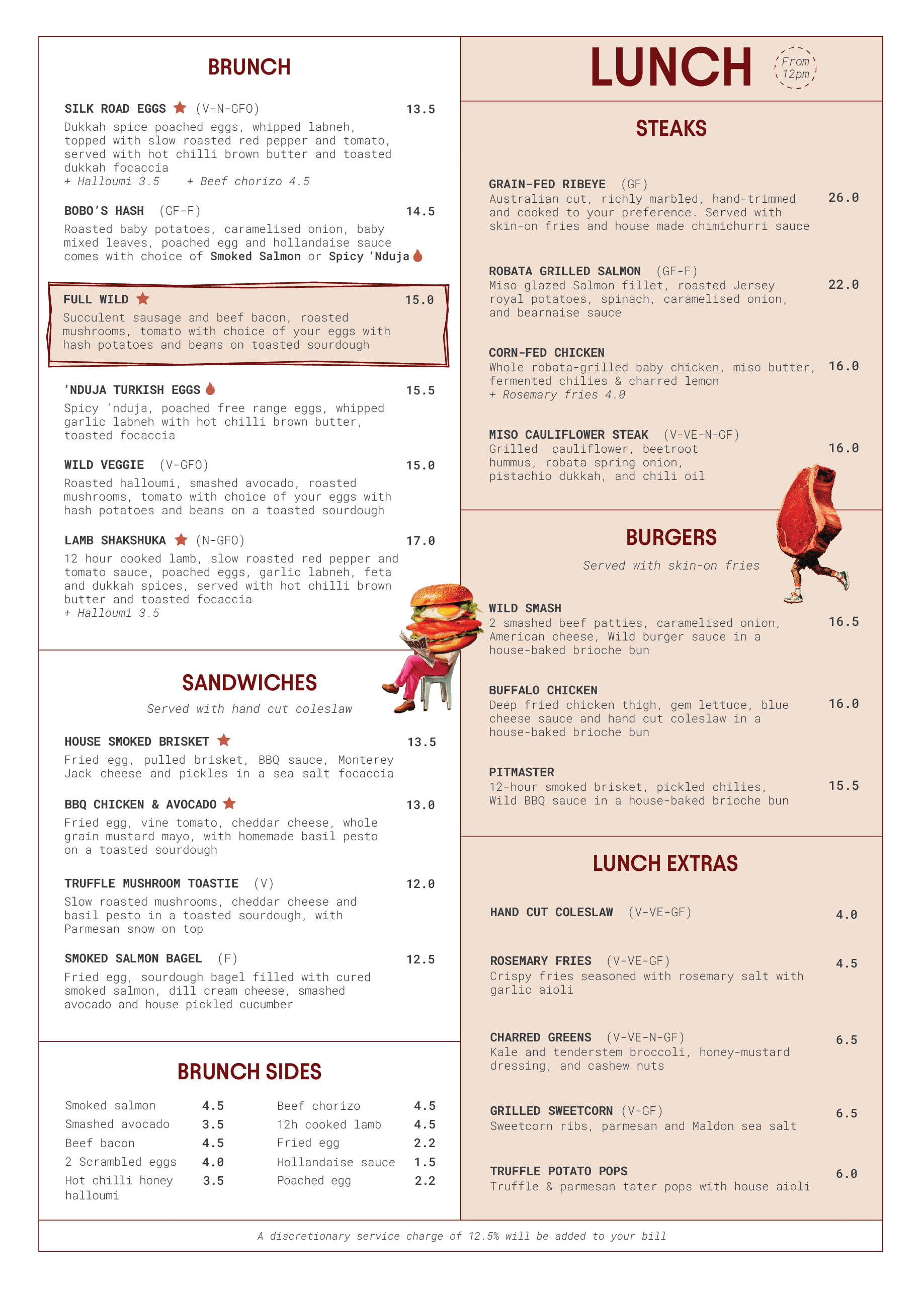 A restaurant menu featuring brunch, lunch, and dinner options with descriptions and prices. The menu includes dishes such as Silk Road Eggs, Full Wild, Lamb Shakshuka, and various lunch plates like Grain-Fed Ribeye, Robata Grilled Salmon, and Burgers.