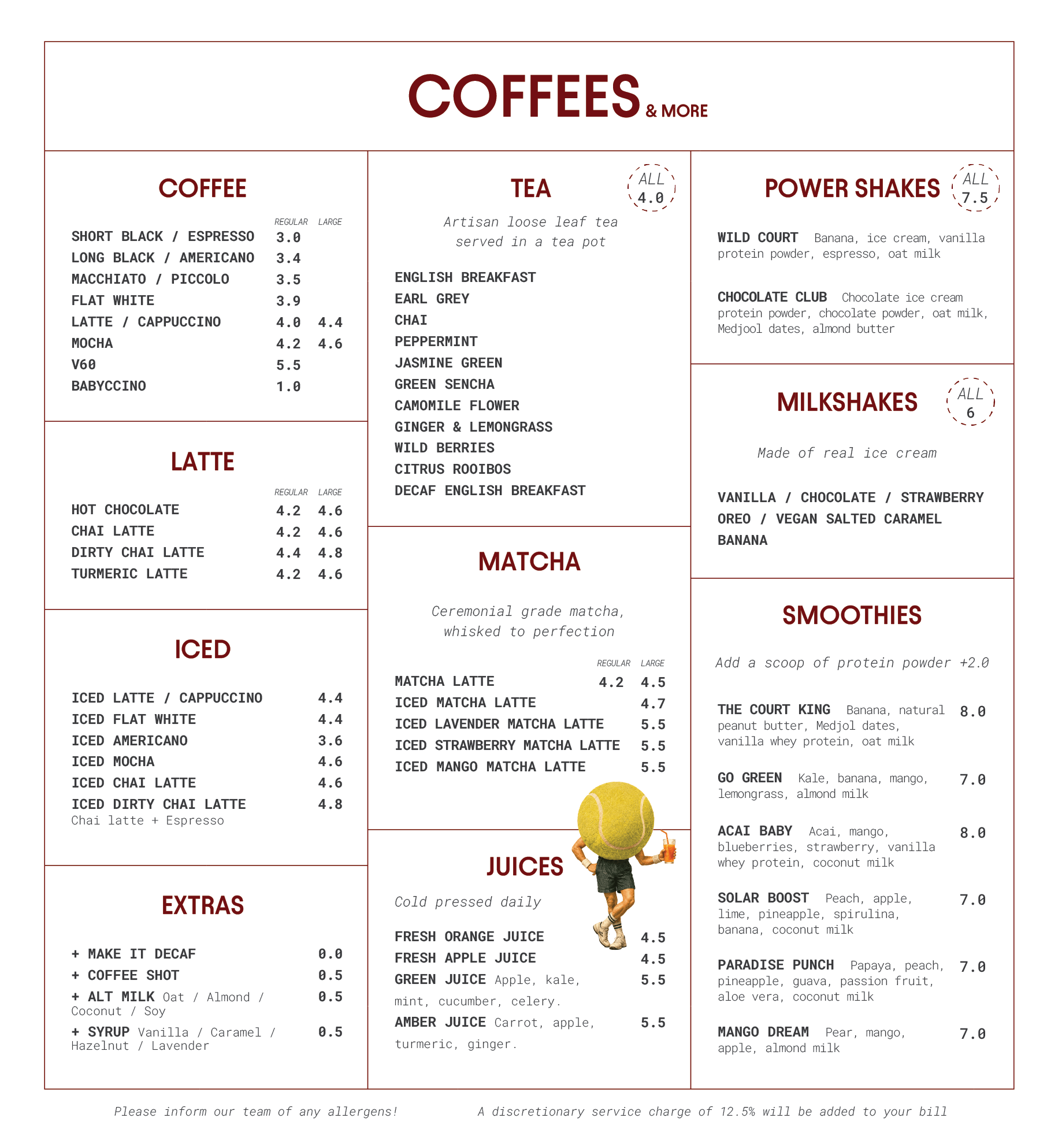 A printed coffee shop menu with various drink options including coffees, teas, milkshakes, iced drinks, juices, and extras, with prices and descriptions.