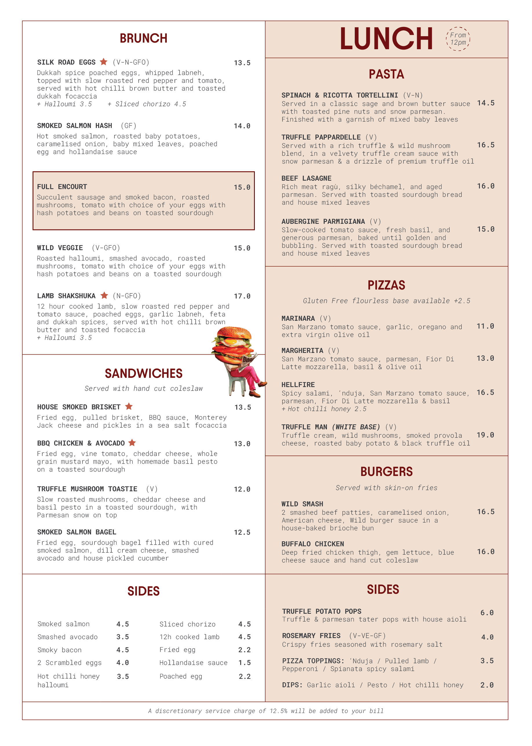 A restaurant menu featuring brunch, lunch, sandwiches, sides, pizzas, and burger options with descriptions and prices. Highlights include Silk Road Eggs, Smoked Salmon Hash, Truffle Mushroom Toastie, Truffle Pappardelle, Beef Lasagne, Margherita pizza, and Wild Smash burger.