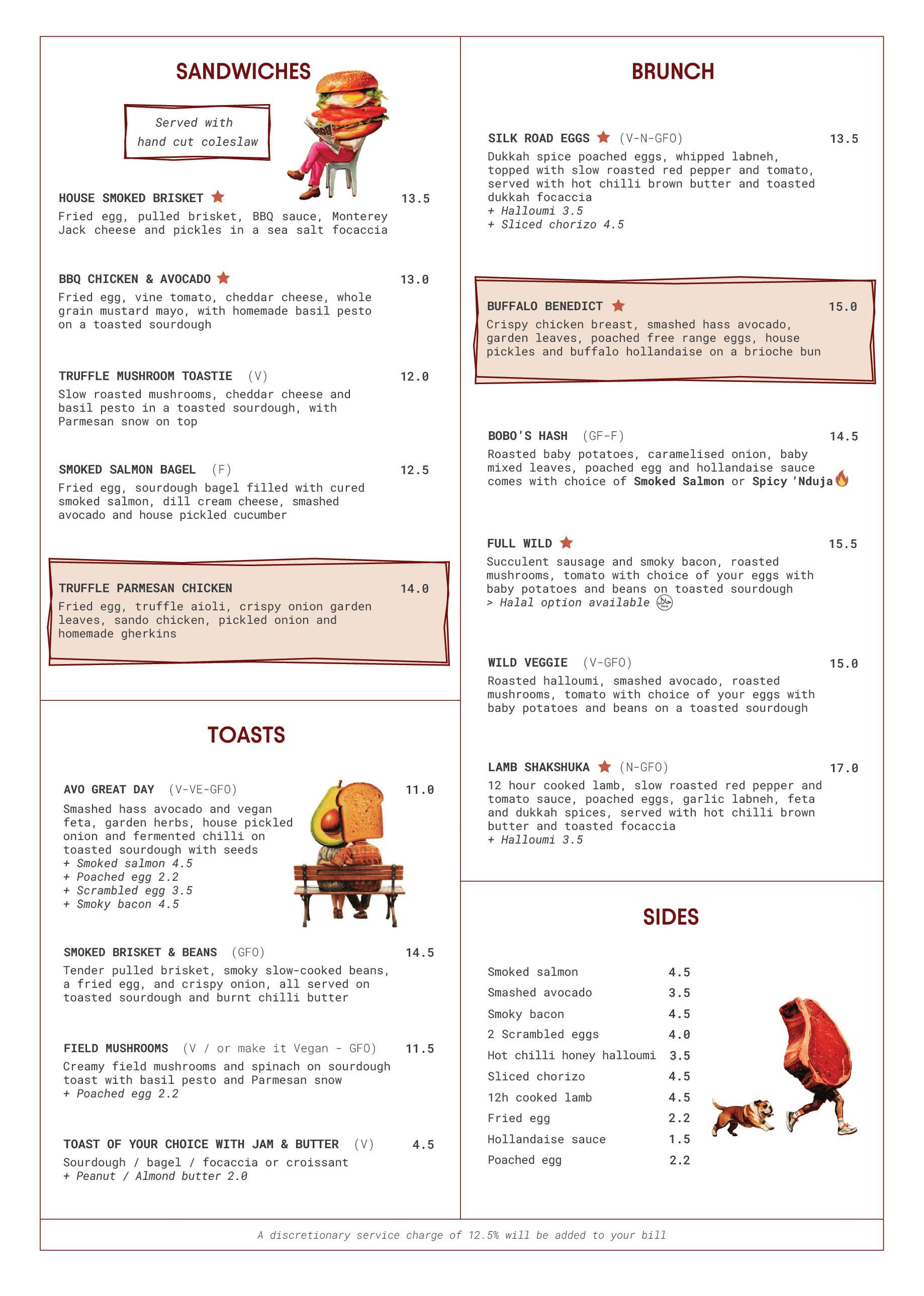 A menu for a restaurant displaying various sandwiches, toasts, brunch options, sides, and prices, with some illustrations including a person sitting on a bench and a person running while holding a large piece of meat.