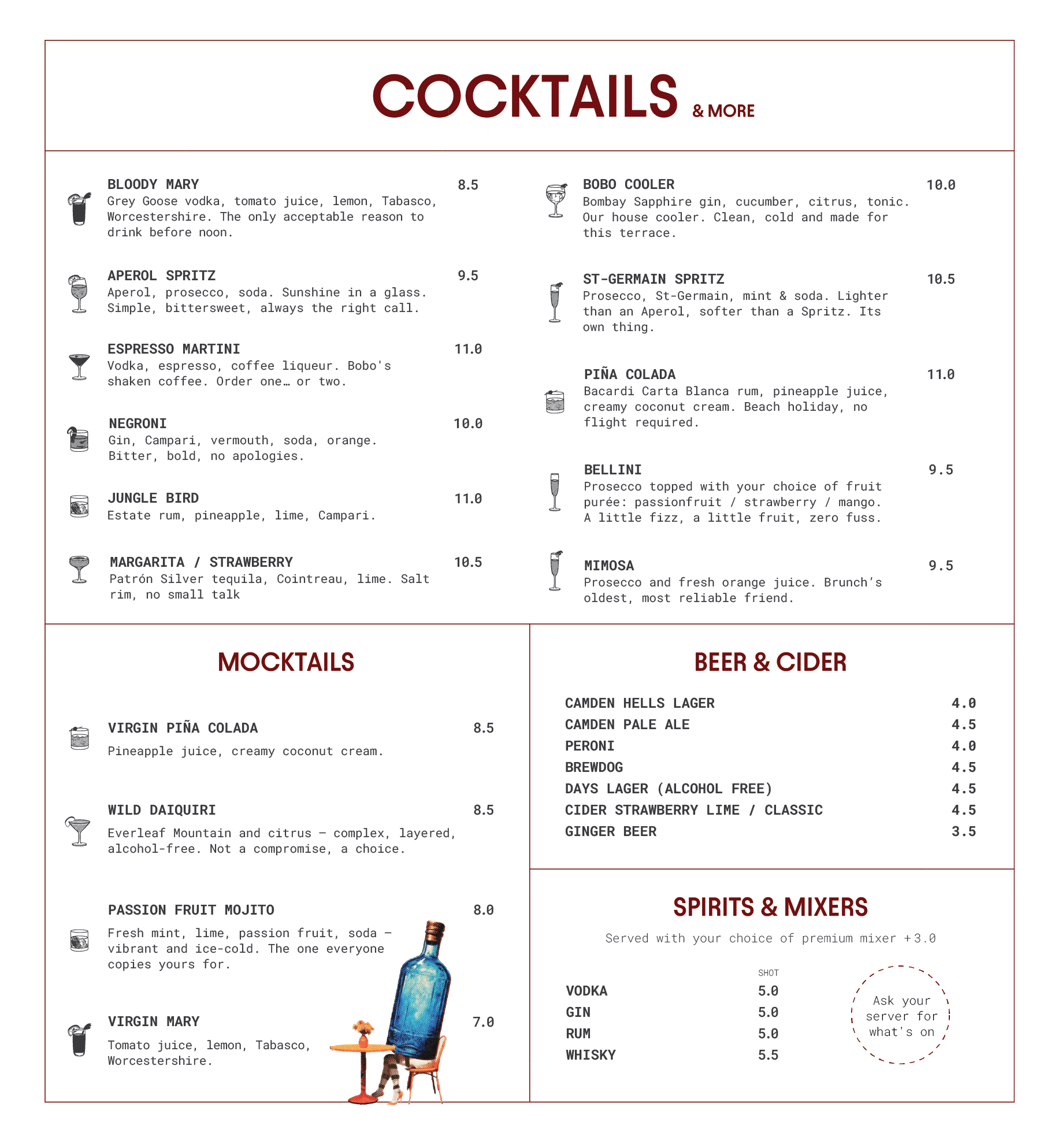 Menu section with various cocktails listed, including Bloody Mary, Aperol Spritz, Espresso Martini, Negroni, Jungle Bird, Margarita / Strawberry, Virgin Piña Colada, and Wild Daiquiri, along with images of bottles and glasses.