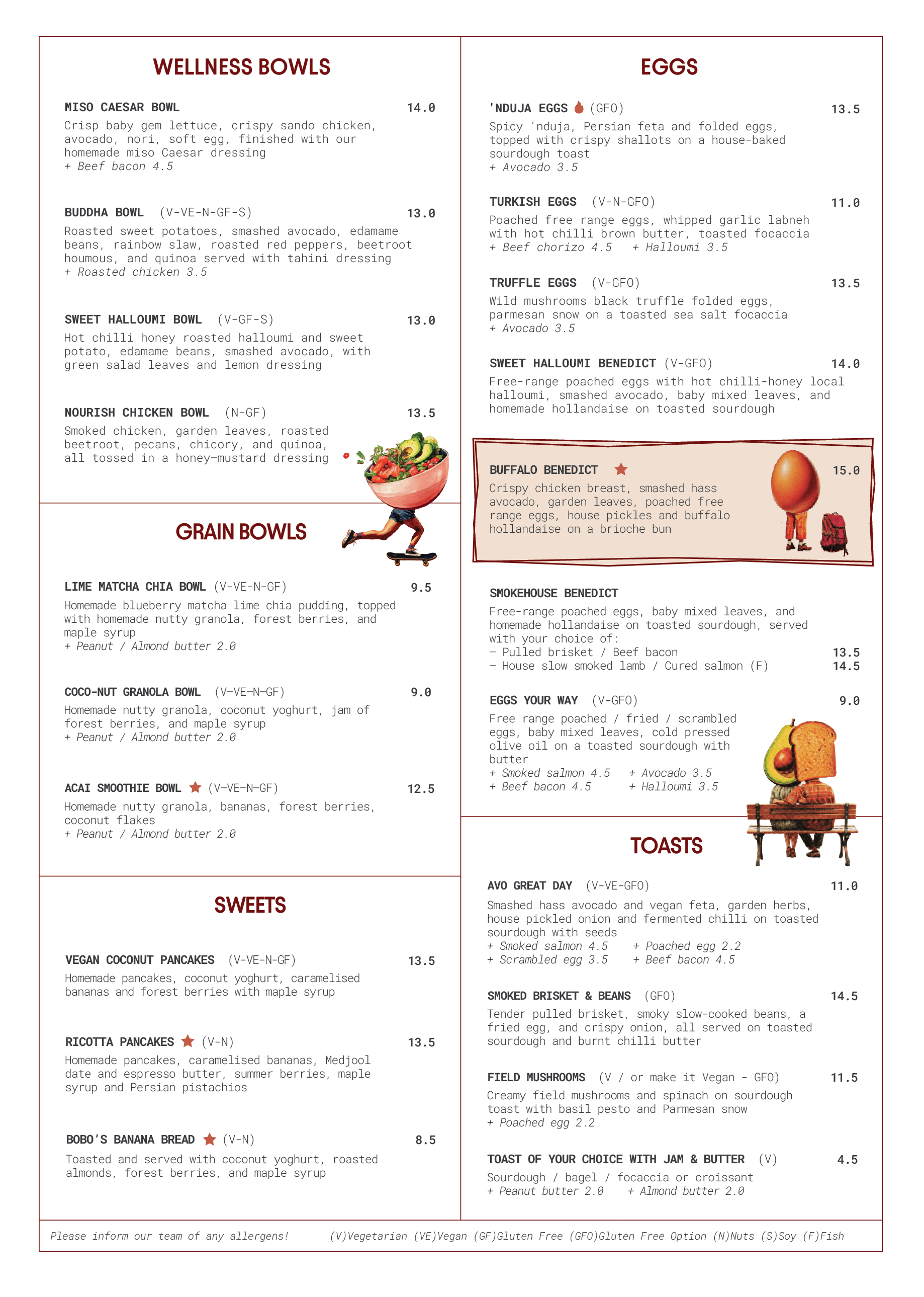 A menu featuring various wellness bowls and eggs, with illustrations of a person skateboarder with a bowl of food as a head and a person sitting on a bench with an egg-shaped head.