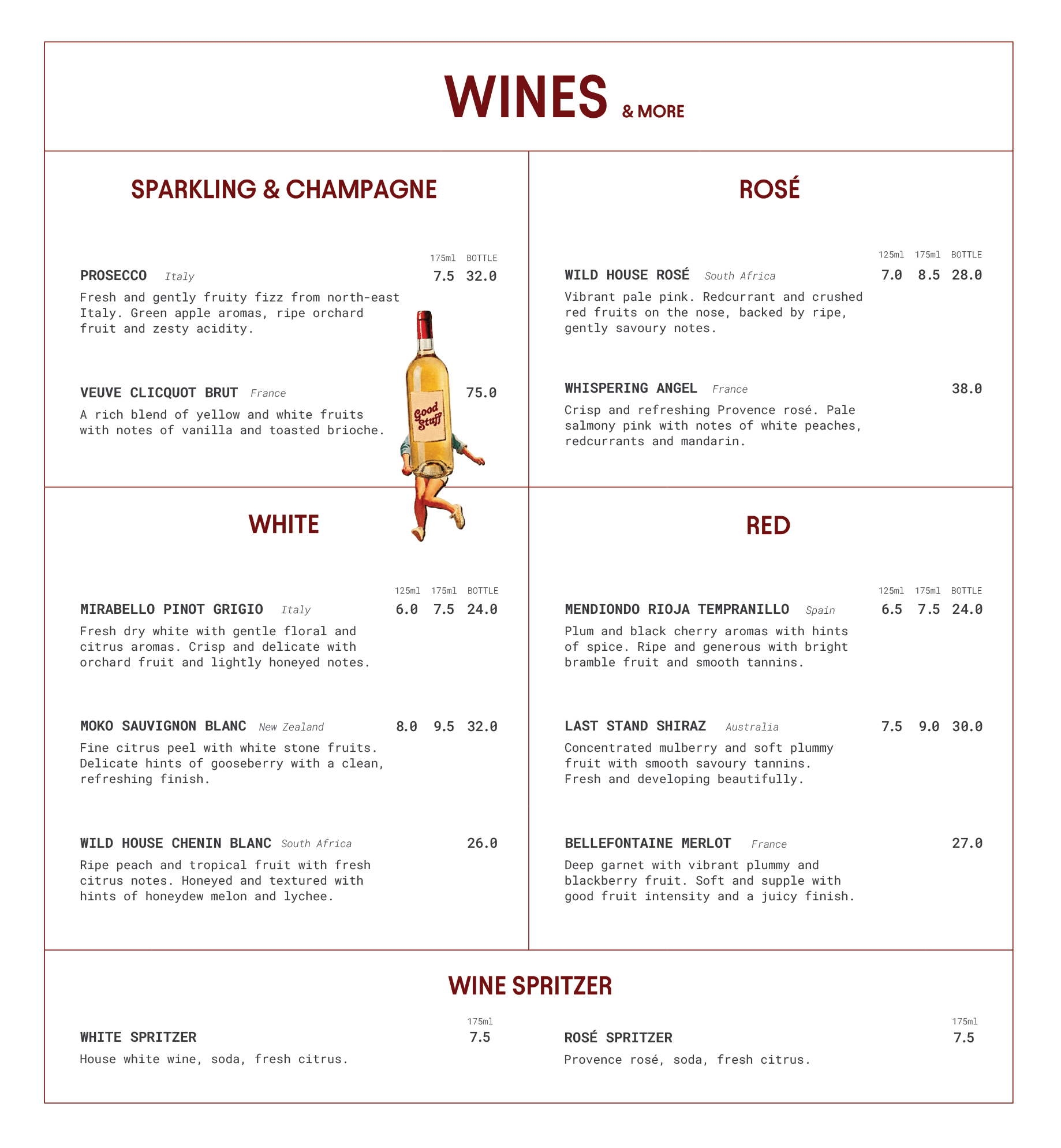 A wine menu displaying different types of wines and spritzers with descriptions and prices, segmenting by wine color and type.