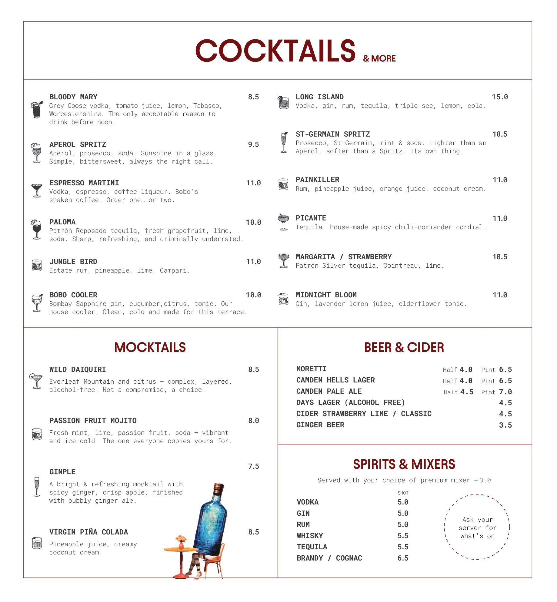 A menu featuring cocktails and beverages with descriptions and prices, including drinks like Bloody Mary, Aperol Spritz, Espresso Martini, Paloma, Jungle Bird, Virgin Piña Colada, Long Island, St-Germain Spritz, Painkiller, Picante, Margarita, Strawberry, and various spirits and mixers.