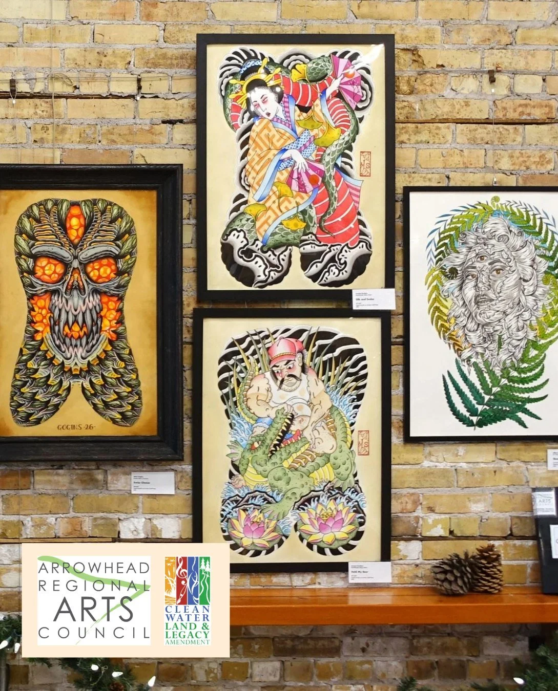 Image from the counter culture exhibit featuring very intricate drawings by local tattoo artists.