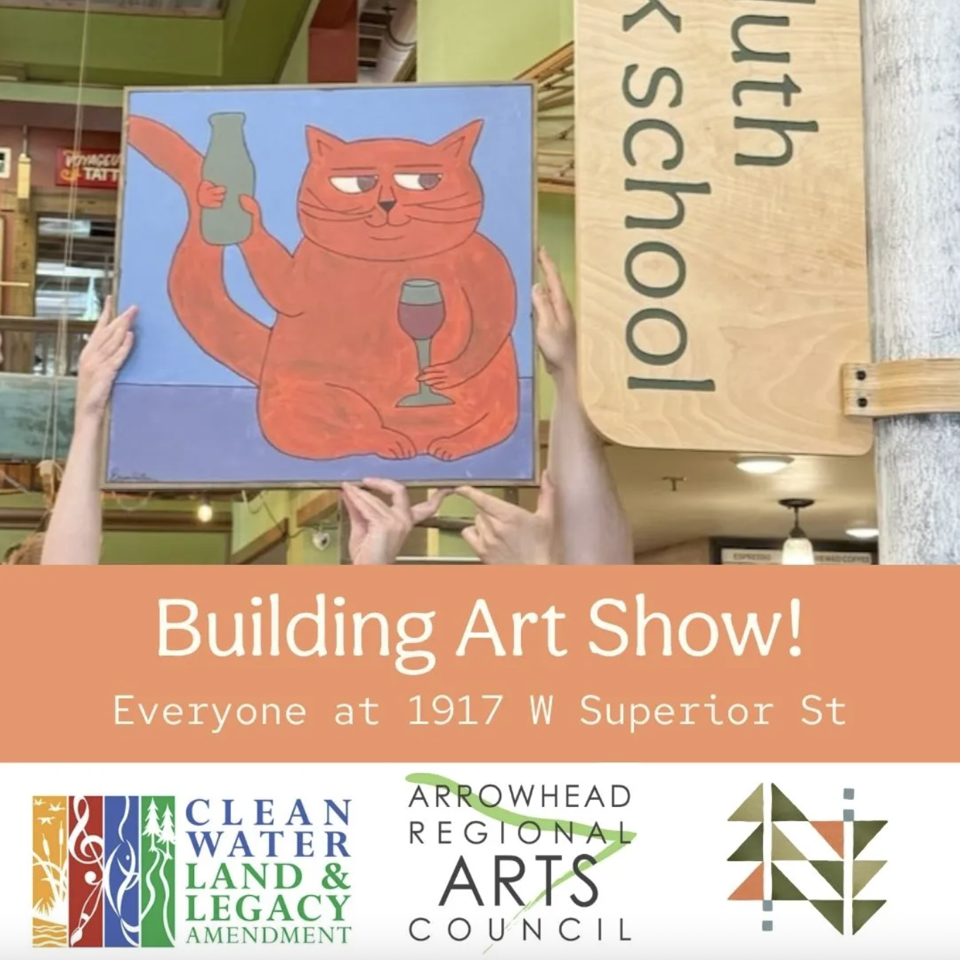 Building art show poster featuring a cat painting.