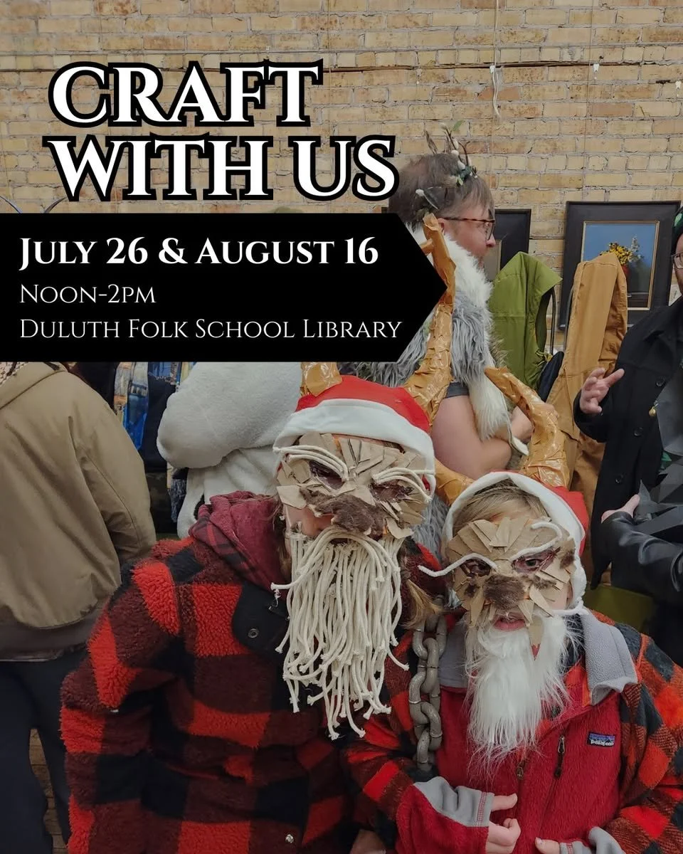 Image of the Creepmas crafting session poster featuring an image of two people posing with their handmade masks that resemble trolls with big horns and santa hats.