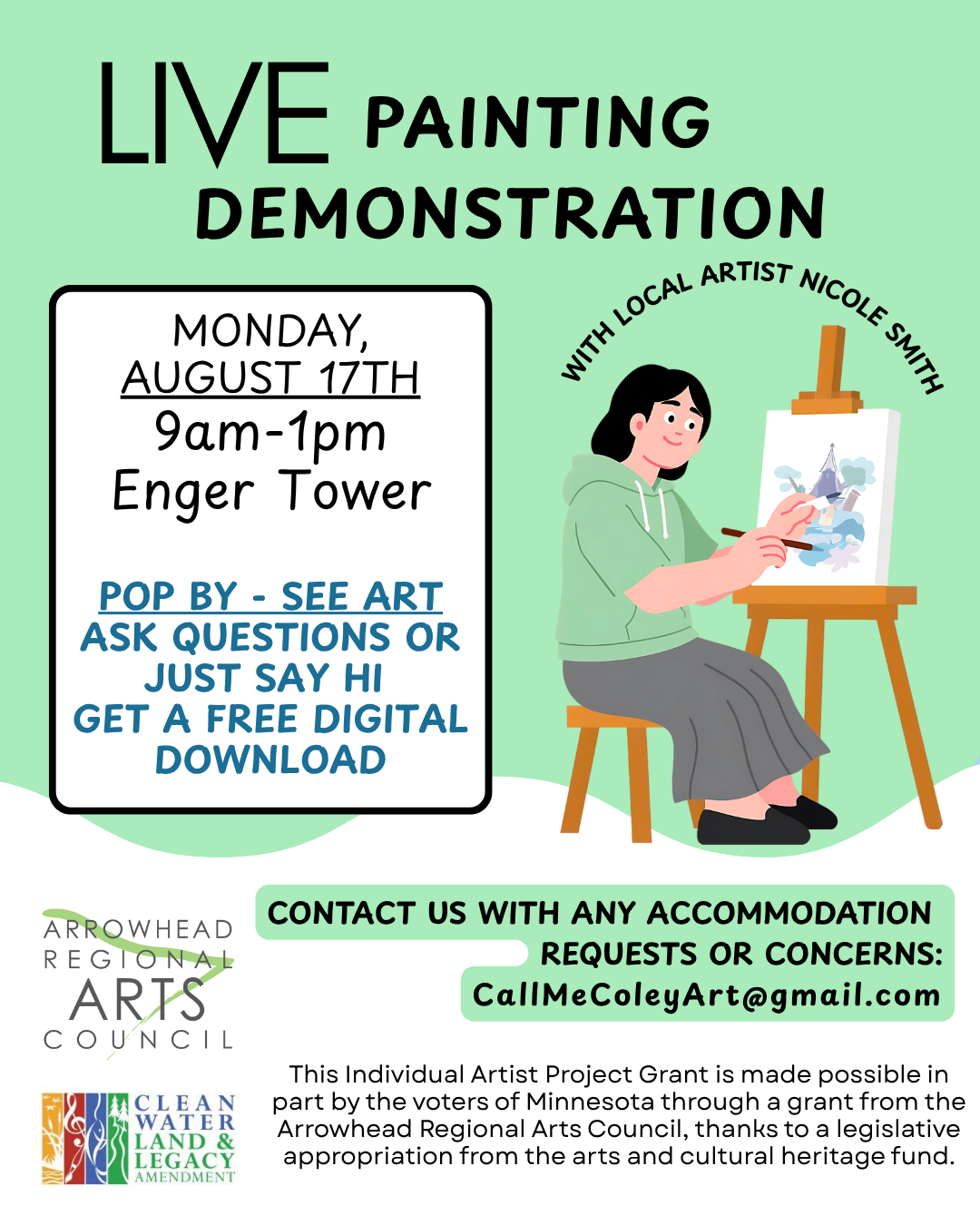 Poster for Nicole Smith live painting event featuring a cartoon of a woman with black hair sitting on a stool painting a landscape scene that's set up on an easel.