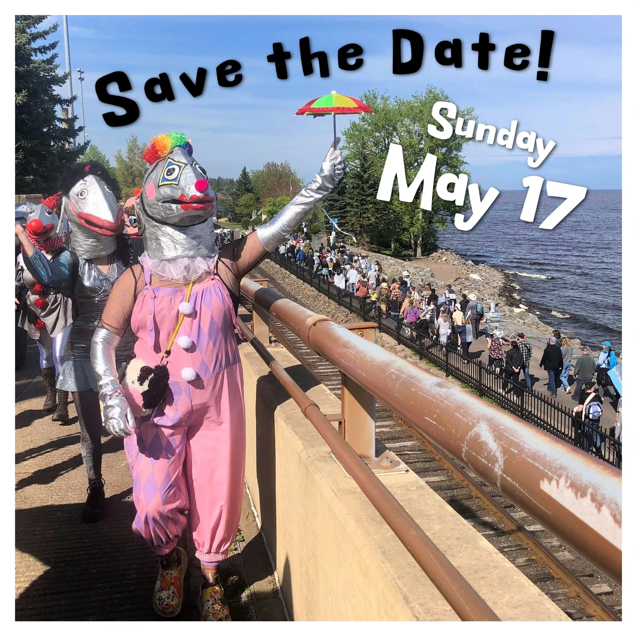 Save the date flyer for the run smelt run puppet parade which features people dressed in silver outfits with fish head puppet masks.
