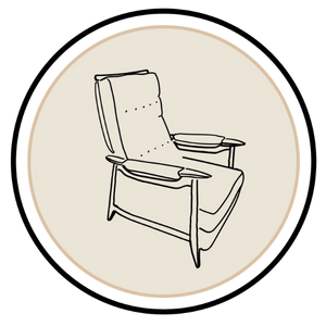 Line drawing of a recliner chair. Emily M. Lewis Counseling logo.