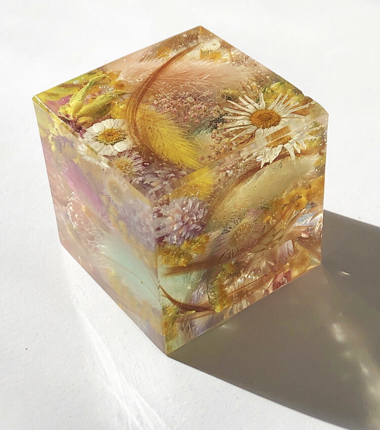 Level 2 - This Large Cube includes locks of hair from a childs 1st hair cut with a customized springtime palette