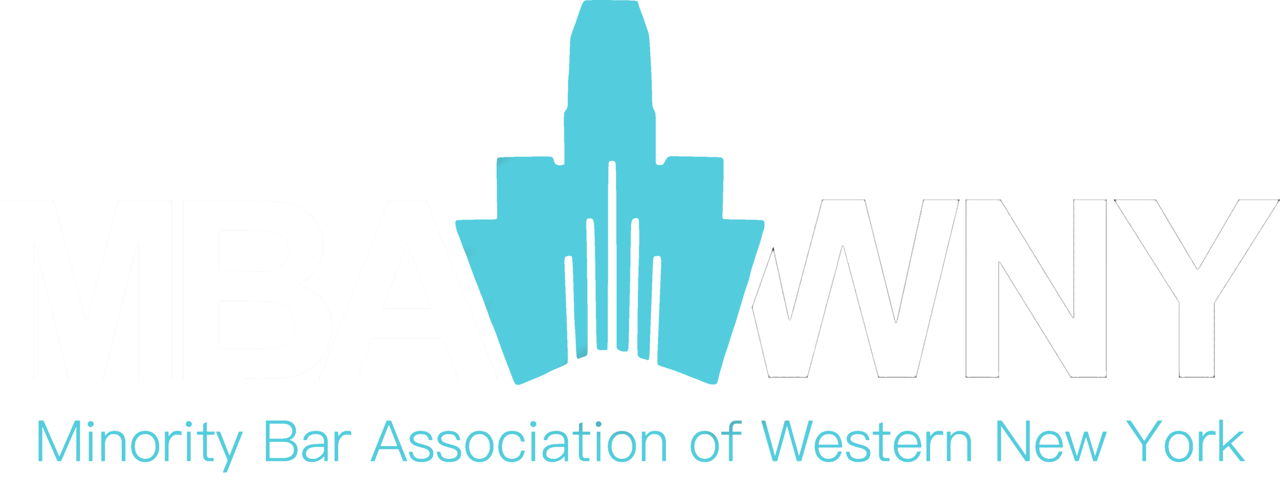 Logo of MBA WNY — Minority Bar Association of Western New York, featuring a stylized blue hand with cityscape elements, combining text and graphic.