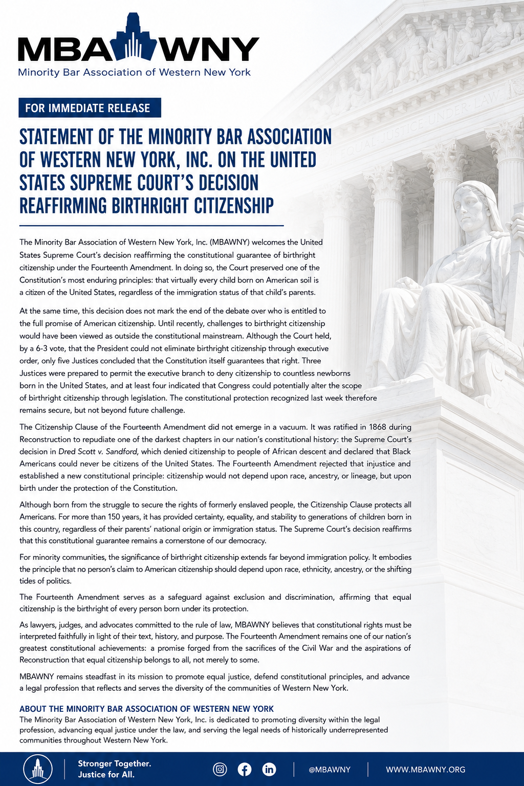 Statement of the Minority Bar Association of Western New York, Inc. on the United States Supreme Court's Decision Reaffirming Birthright Citizenship