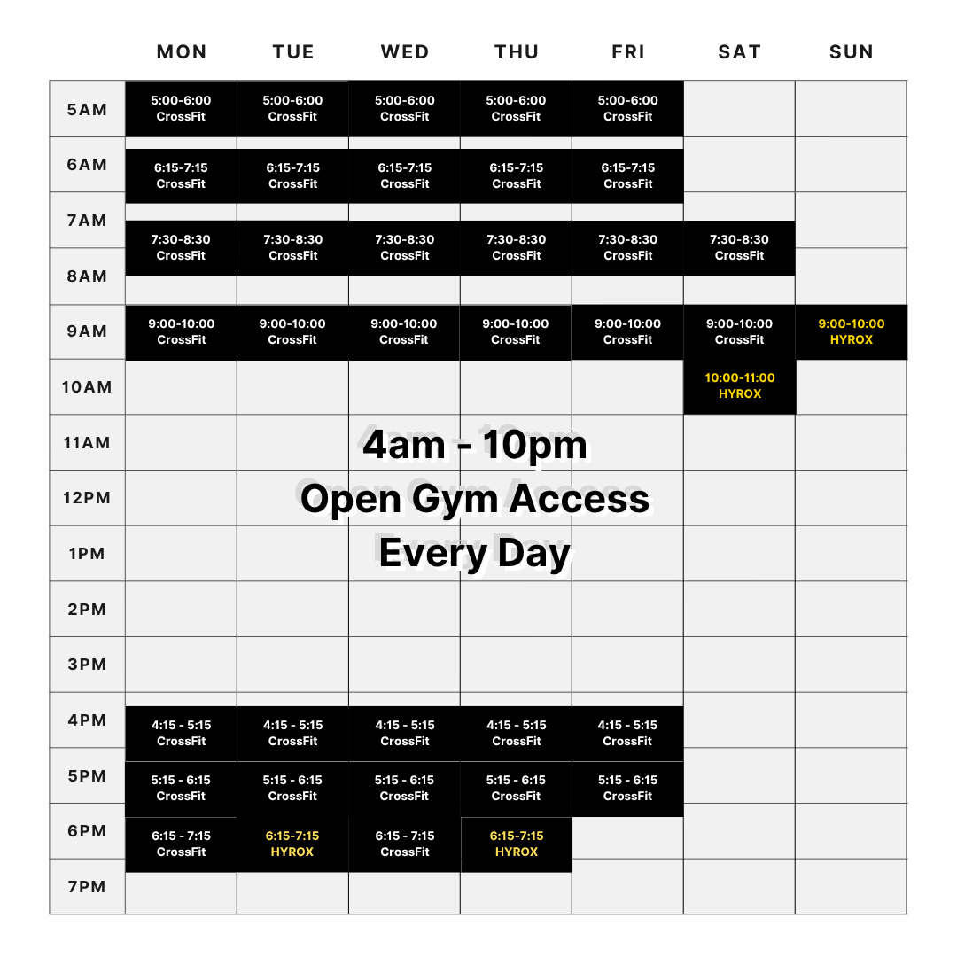 Weekly workout schedule with CrossFit classes from 5 am to 7 pm and HYROX sessions on Saturday and Sunday.
