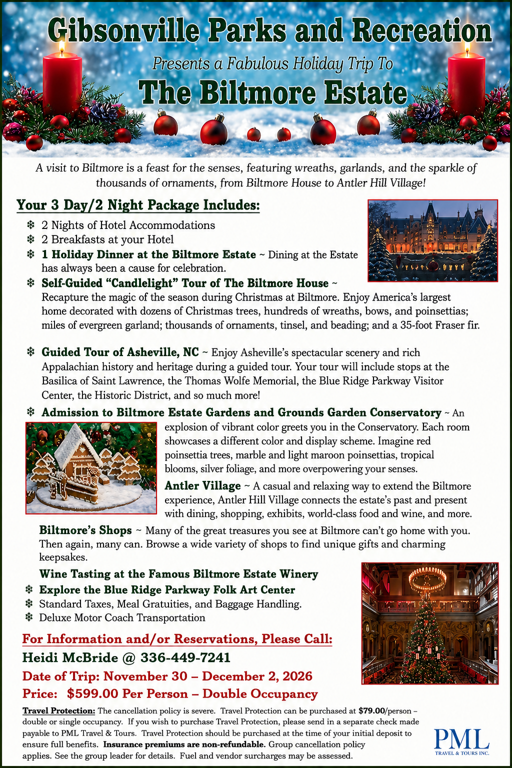 A holiday advertisement for a trip to Biltmore Estate, hosted by Gibsonville Parks and Recreation, featuring festive graphics of red candles, ornaments, and a Christmas tree in the photo. It details activities including hotel stays, guided tours, shopping, and wine tasting.