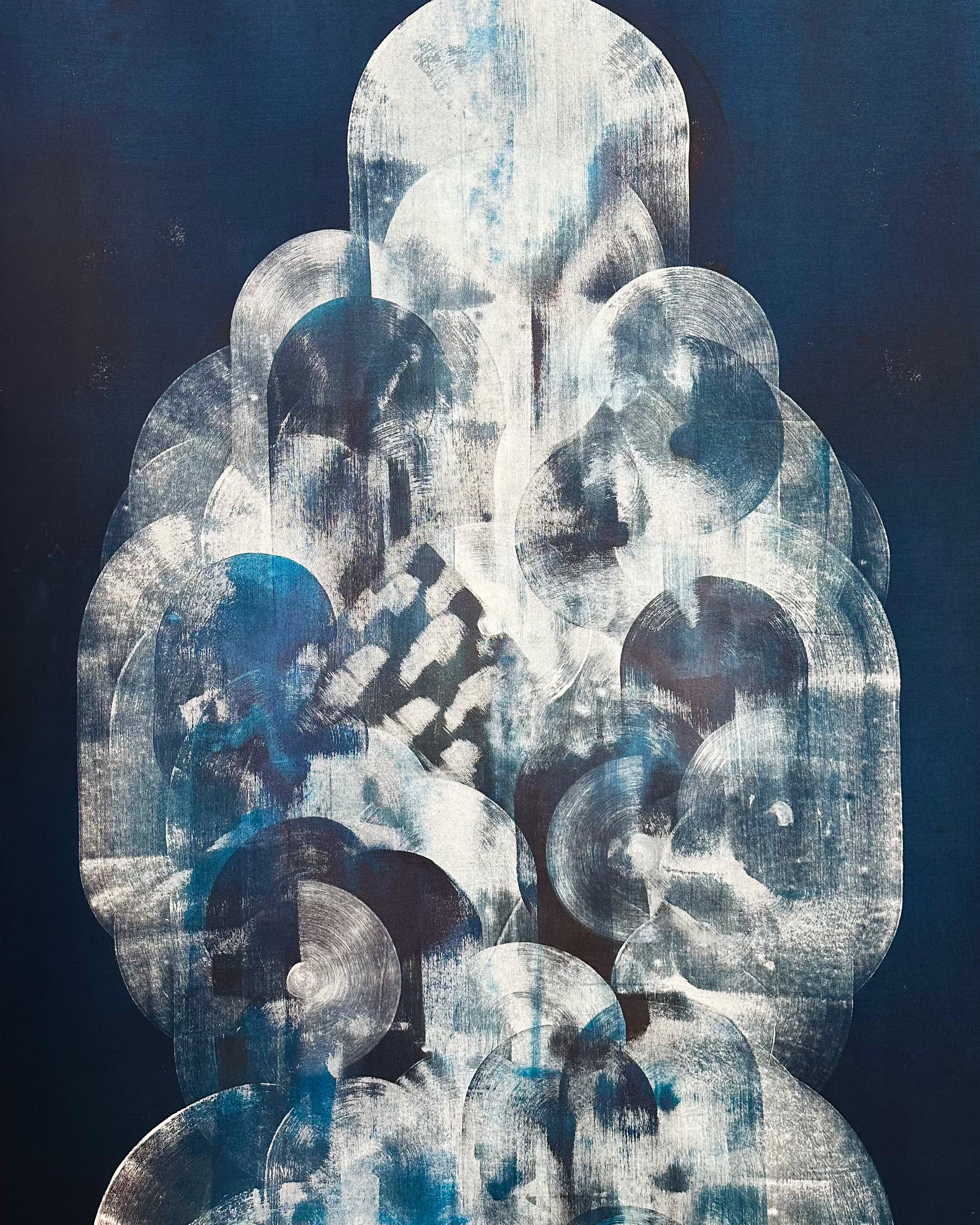 An abstract painting featuring multiple overlapping silver and white circles on a dark background, creating a textured, layered appearance.