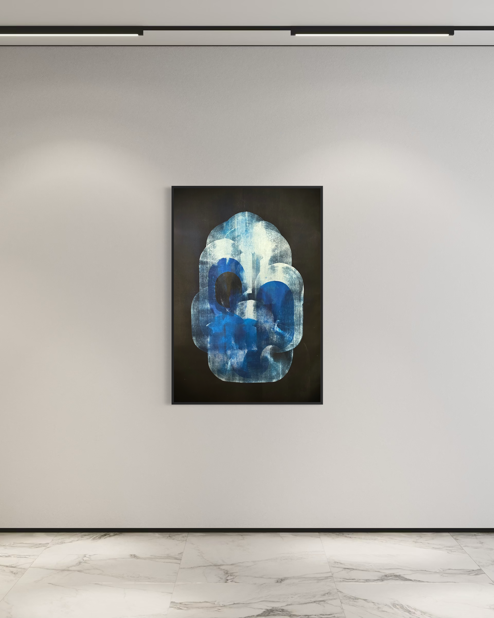 Abstract modern art painting featuring blue, white, and black colors on a black background, framed and displayed on a white gallery wall.
