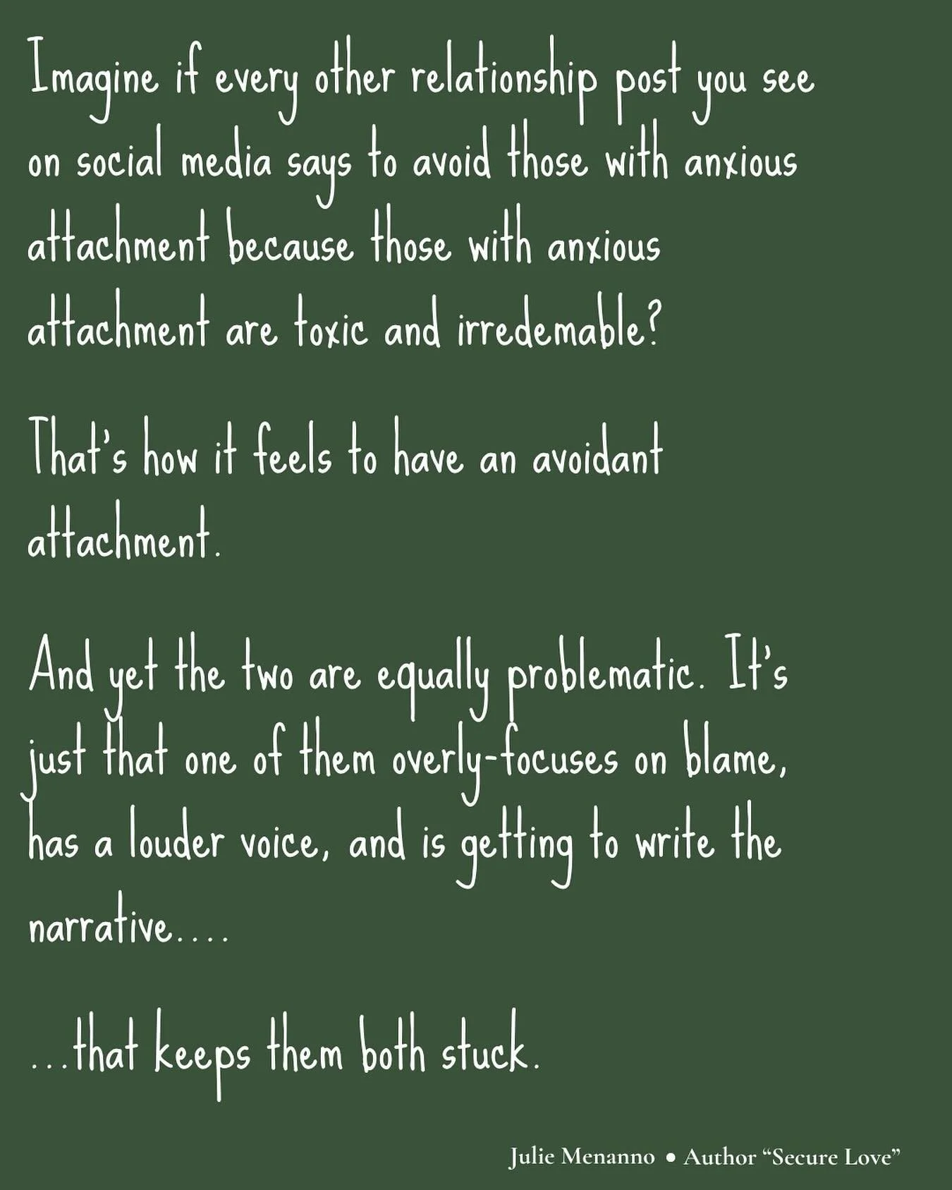 Avoidant and anxious attachment are two sides of the same coin, neither worse than the other. They are both forms of insecure attachment which are almost always rooted in childhood, both have unique but equal blocks to healing, and are both fully cap