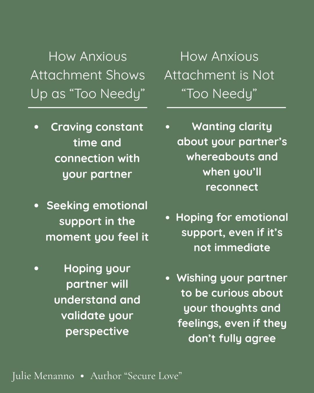Wanting time, reassurance, clarity, and emotional responsiveness is not a flaw. Those are attachment needs. The work isn&rsquo;t to stop having needs. It&rsquo;s learning how to soothe the fear underneath them and ask for connection in ways that crea
