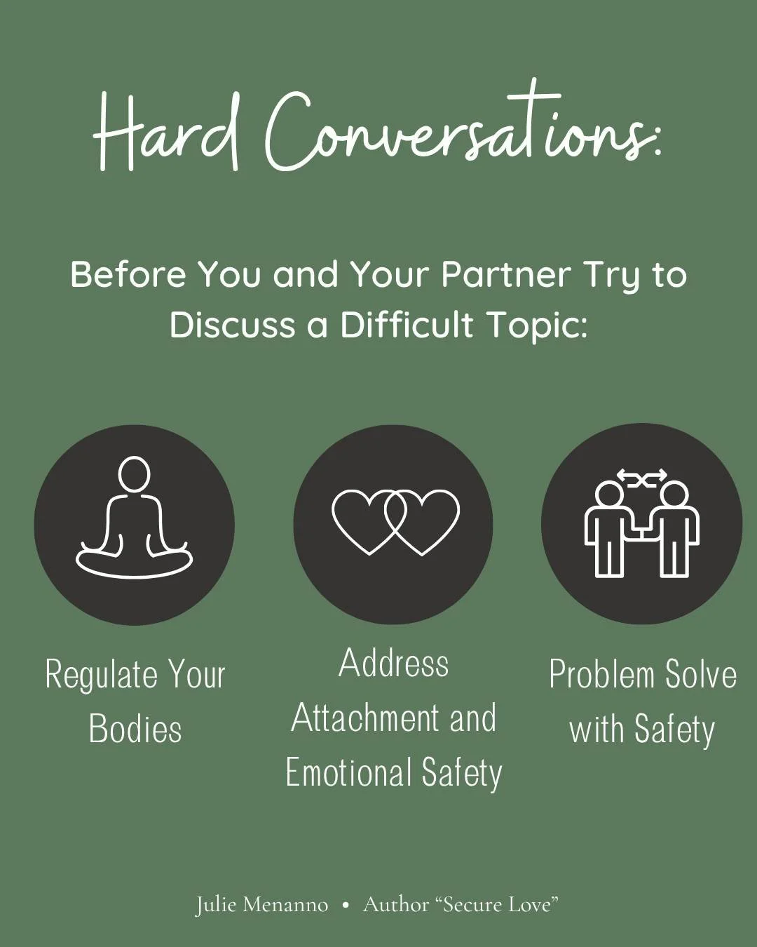 Couples with secure attachments are skilled at working through difficult, uncomfortable topics without harming each other emotionally and disrupting their attachment (and when they do, they can repair).