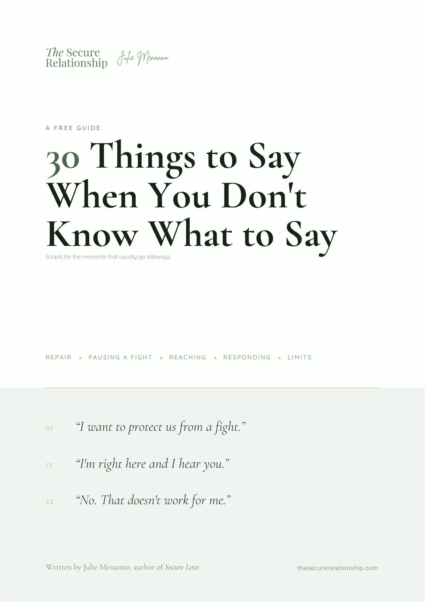 Cover of 30 Things to Say When You Don't Know What to Say, a free relationship scripts guide by therapist Julie Menanno