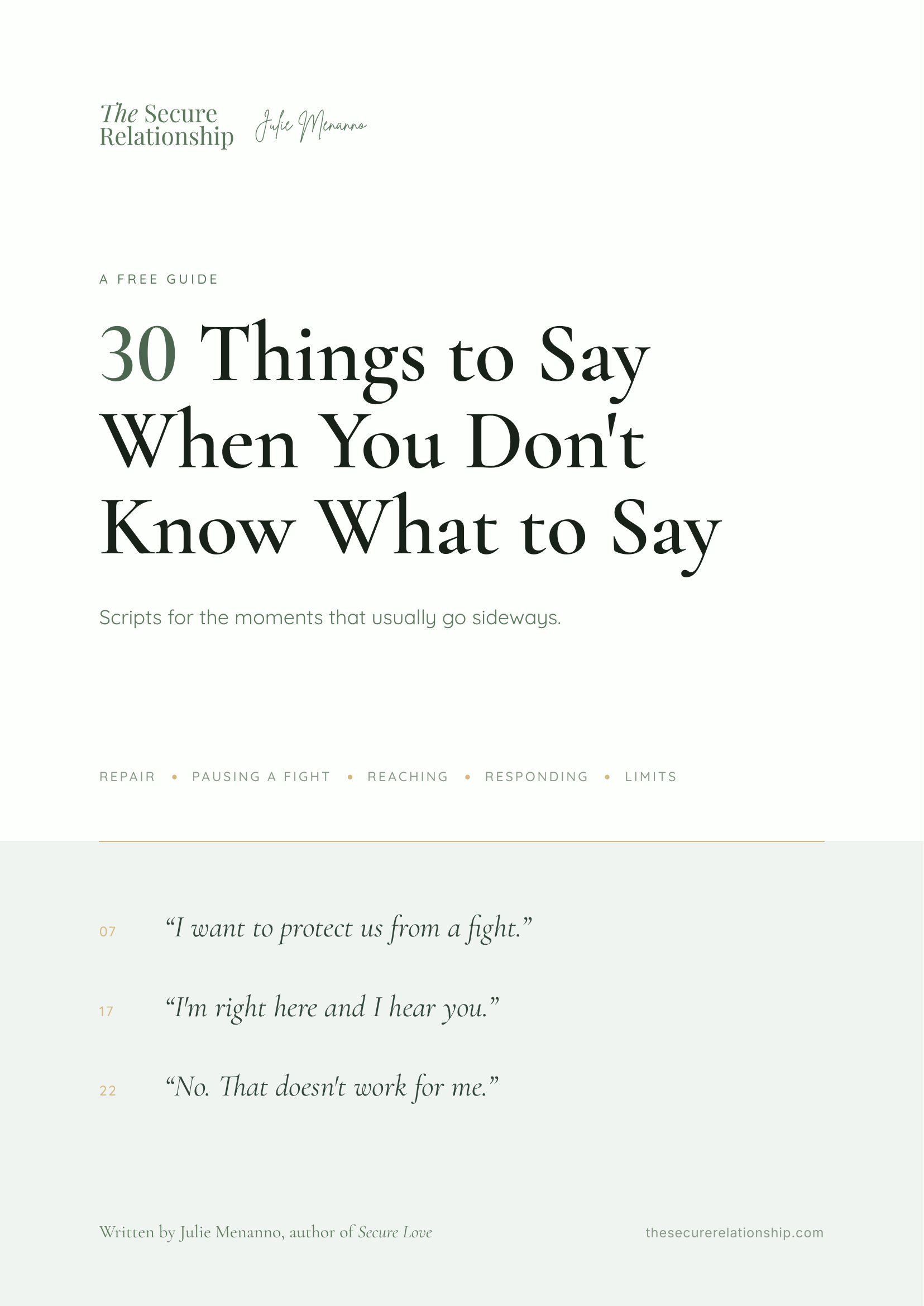 Cover of the free guide, 30 Things to Say When You Don't Know What to Say, by Julie Menanno