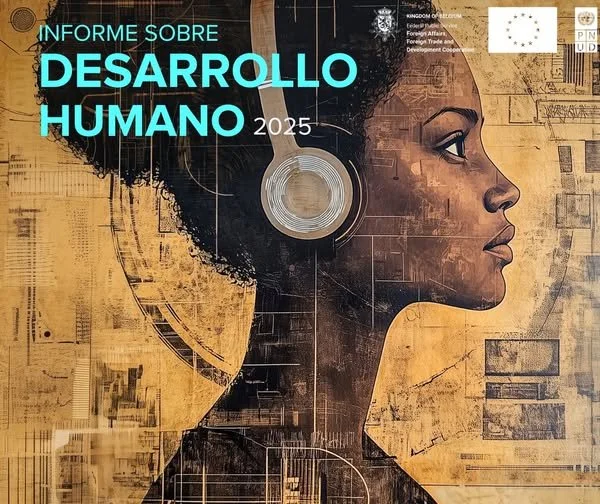 Informe sobre desarrollo humano 2025, con ilustración de perfil de mujer afrodescendiente con un auricular, fondo tecnológico y mapas.