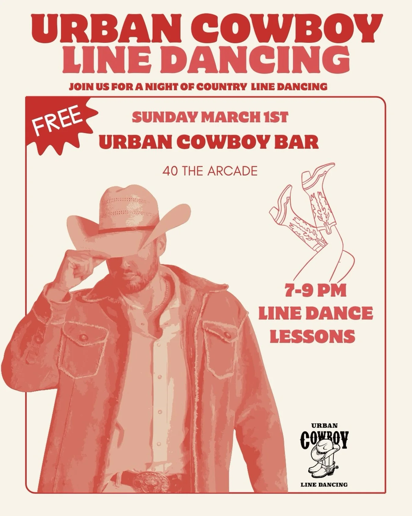 **FREE** LINE DANCE LESSONS 🔥 Sun. 3/1 from 7-9pm at Urban Cowboy Bar here in Downtown Nashville 🤠