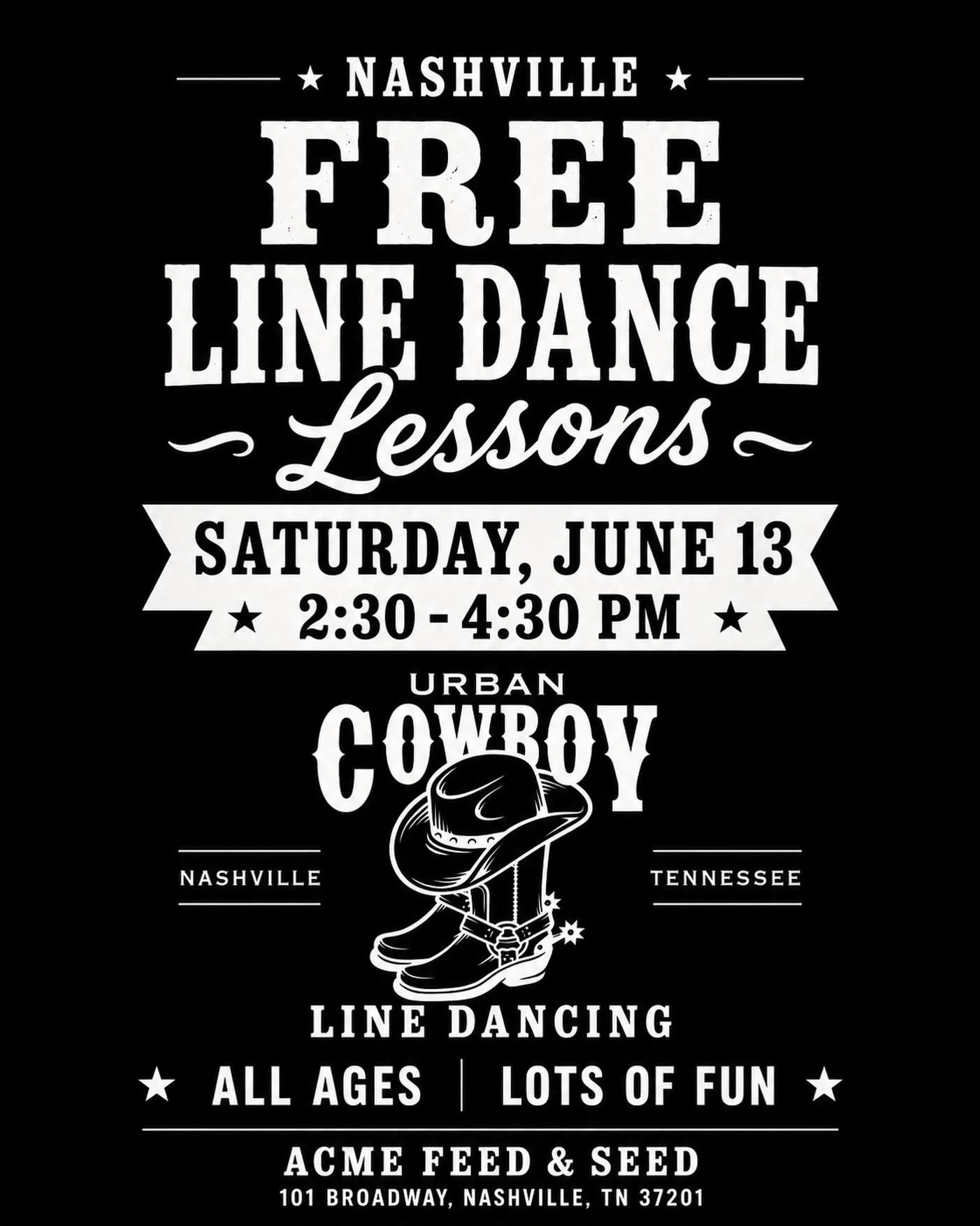 Howdy NASHVILLE 🤠 Come line dance with us this Saturday at Acme Feed &amp; Seed!

We&rsquo;ll be teaching FREE beginner-friendly line dance lessons from 2:30&ndash;4:30 PM. All ages welcome, no experience needed &mdash; just show up ready to have so