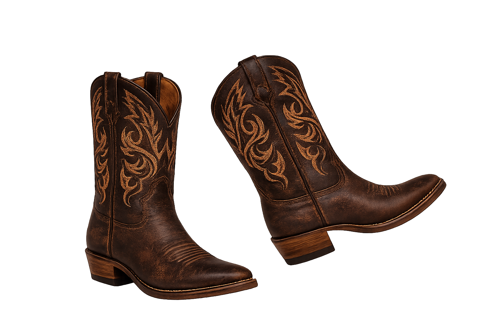 Brown cowboy boots with intricate yellow and orange embroidery and a stacked heel.