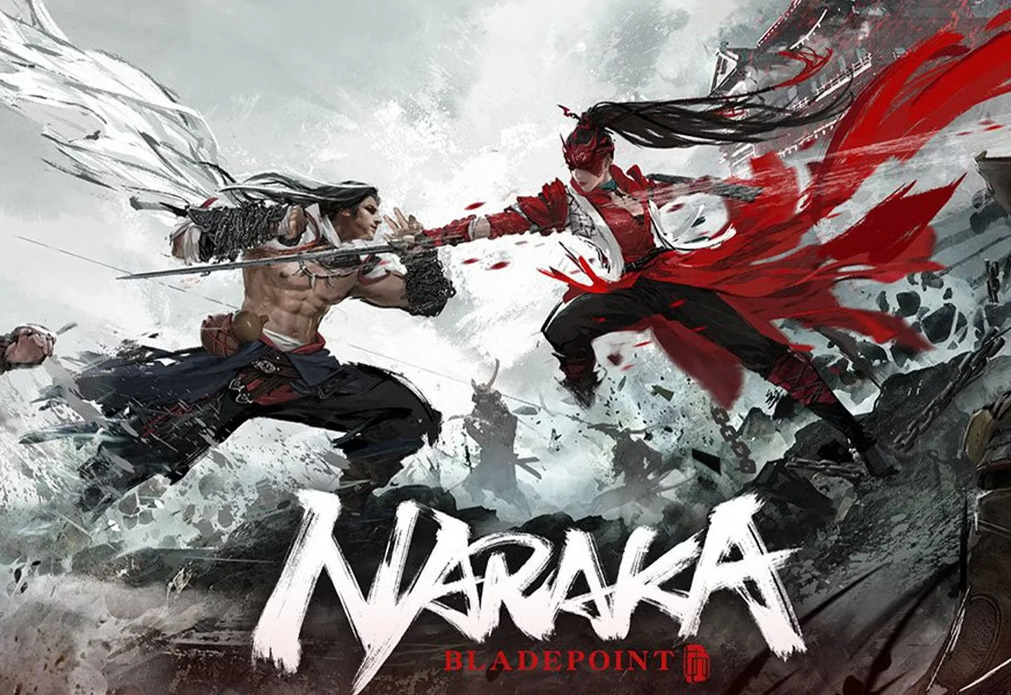 Artwork of two warriors engaged in a fierce sword fight amidst a chaotic battlefield, with the title 'NARAKA' and the subtitle 'BLADEPOINT' at the bottom.