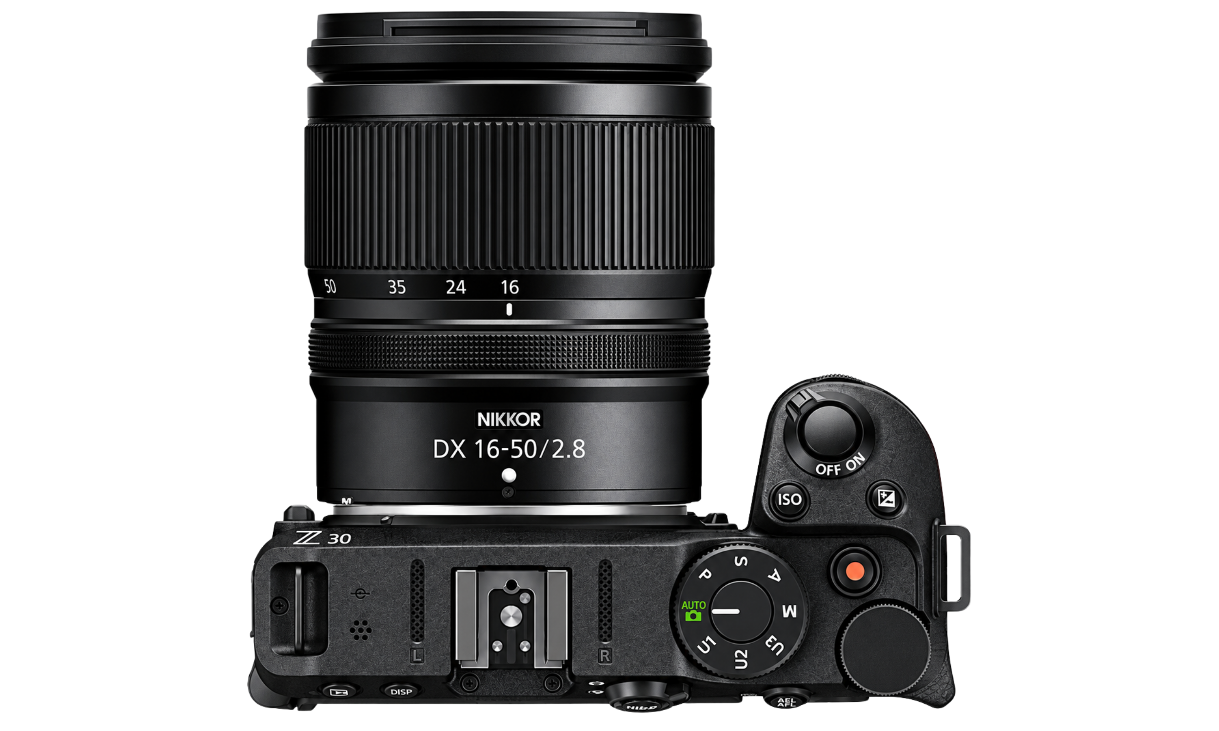 A digital camera with a zoom lens attached and a control dial on top.