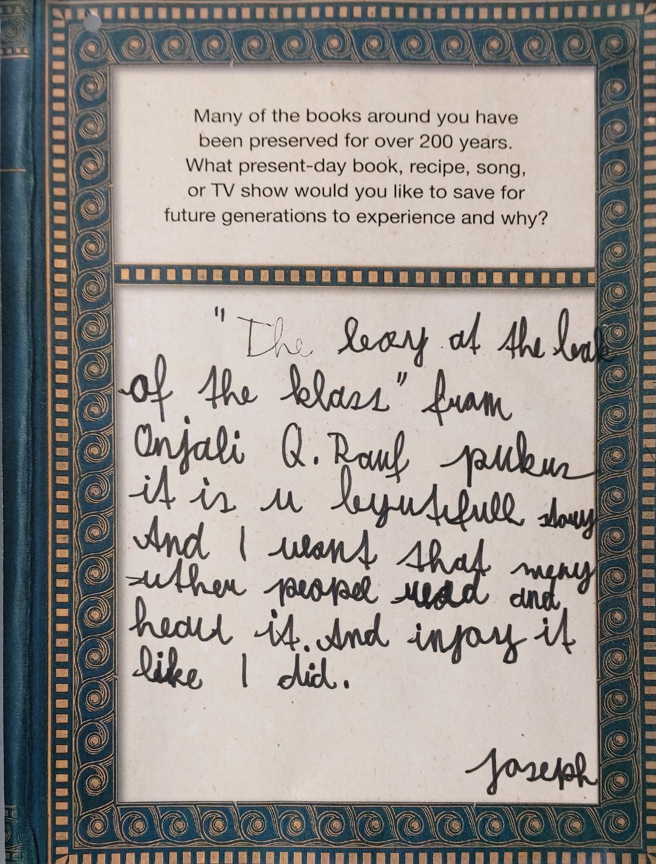  “The Boy of the Back of the Class” from Onjali Q. Rauf – it is […] beautiful. And I want that many other people read and hear (?) it. And enjoy it like I did – Joseph. 