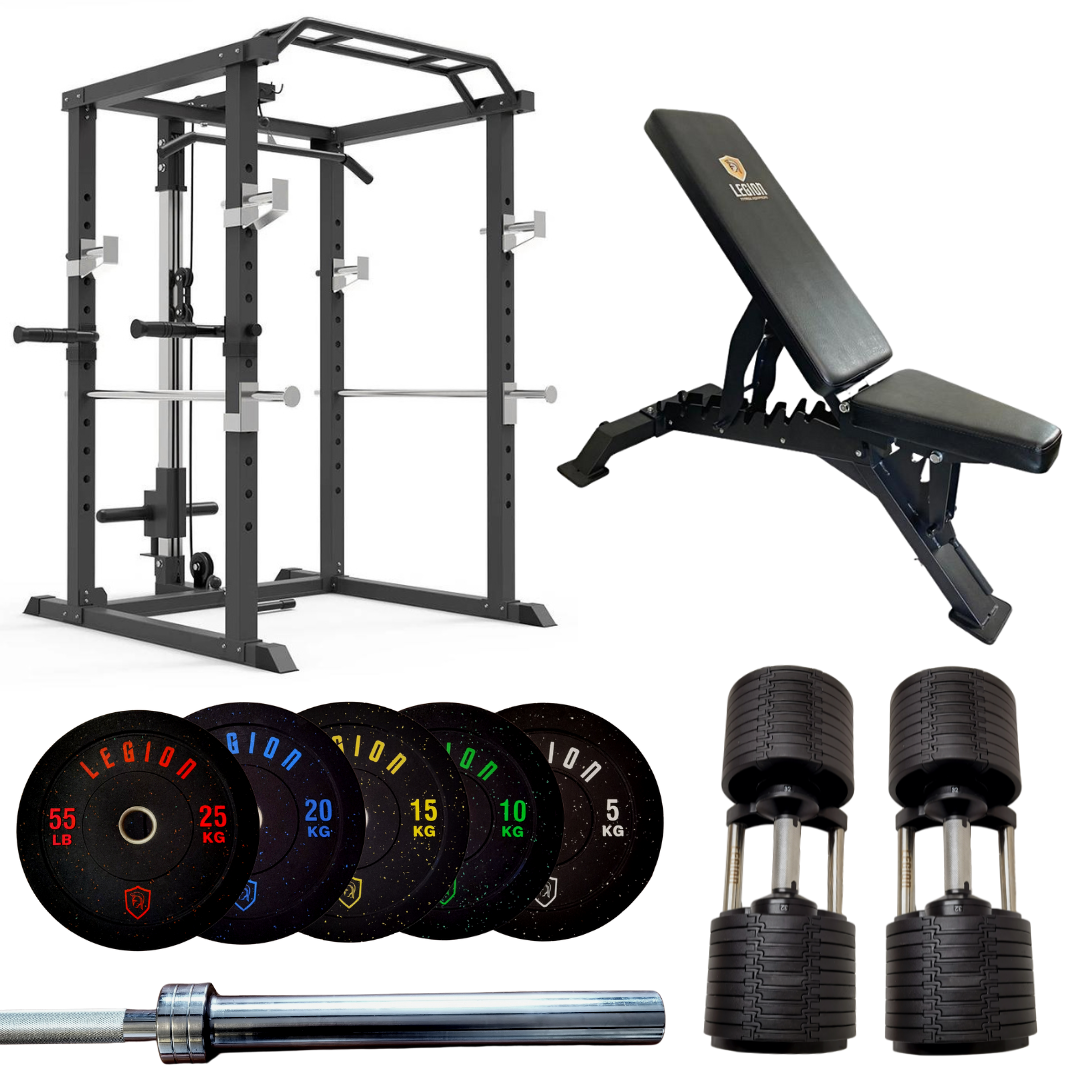 Legion Ultimate Home Gym Package V1 Multi Gym Rack, 150kg Bumper Plate Set, Bench & Tower