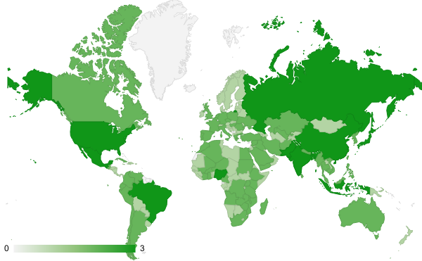 National populations, AD 2000. Source: UN Population Prospects 2017. Light green = over 1 million; medium green = over 10 million; dark green = over 100 million. (Grey = under 1 million).