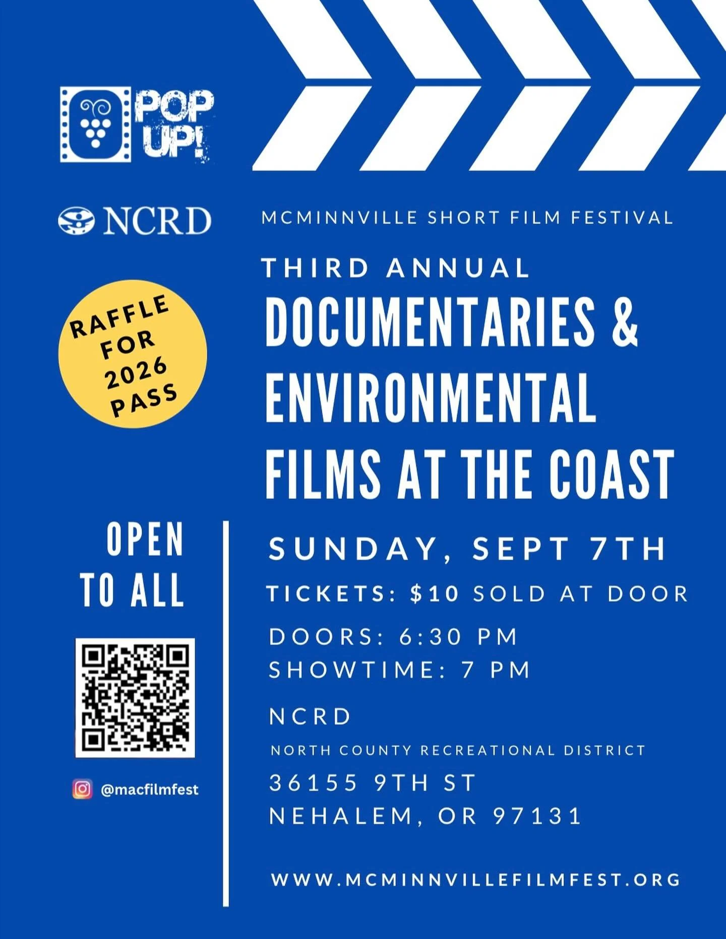Join us Sept 7th at NCRD for our third annual doc/enviro POP UP!  MSFF bringing independent film to the coast!