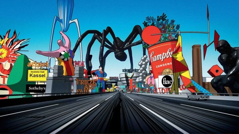 Ludovic Houplain’s 2019 animated film, “My Generation,” is an eight-minute drive down a freeway where the scenery is a glitzy panorama of capitalism, finance, surveillance, sports, politics, religion, and mindless entertainment.