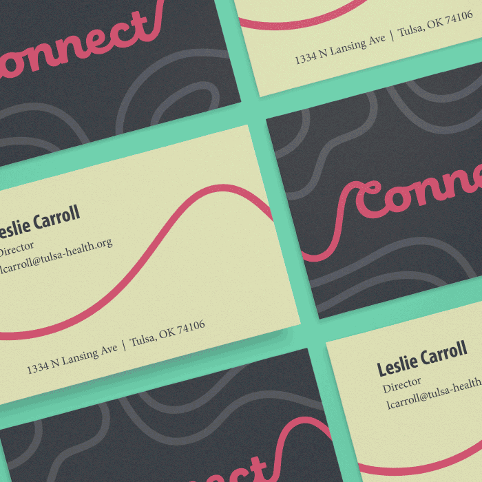 sequence showing new branding, business cards, brand strategy notes, new logo design sequence of color variations for new logo design for a public health program in Tulsa Oklahoma